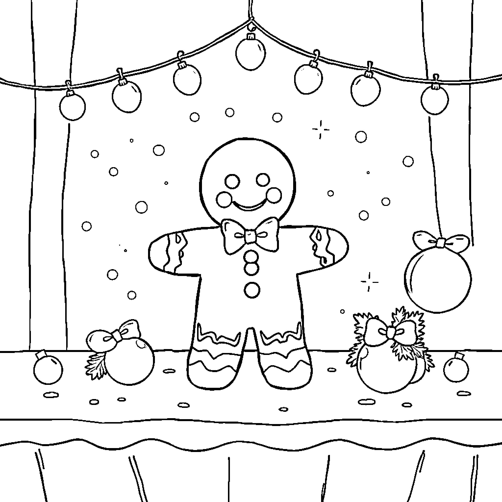 Gingerbread Man in Festive Winter Scene Coloring Page (free black-and-white line drawing printable PDF for all, from beginners to advanced learners, including children, teens, adults, and seniors)