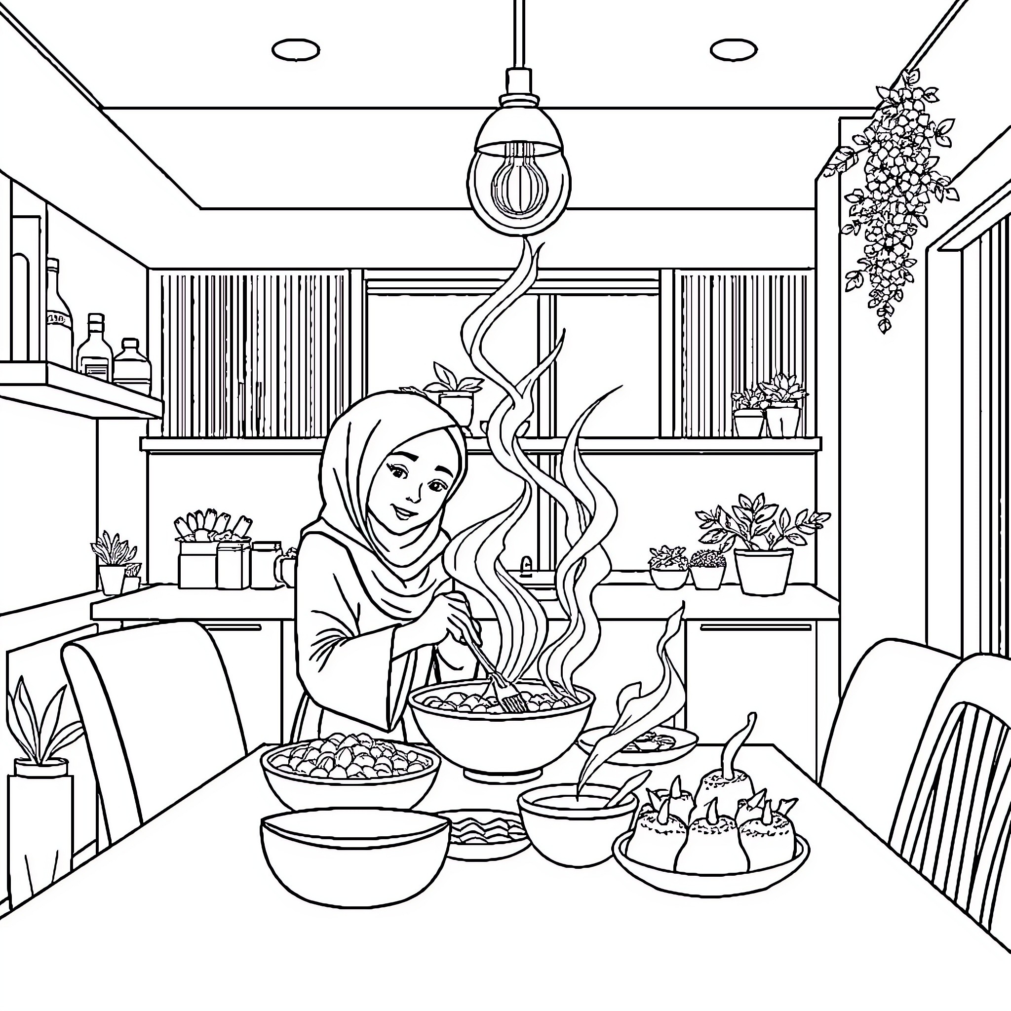 Pemuda Preparing Traditional Dishes in Cozy Kitchen Coloring Page (free black-and-white line drawing printable PDF for all, from beginners to advanced learners, including children, teens, adults, and seniors)