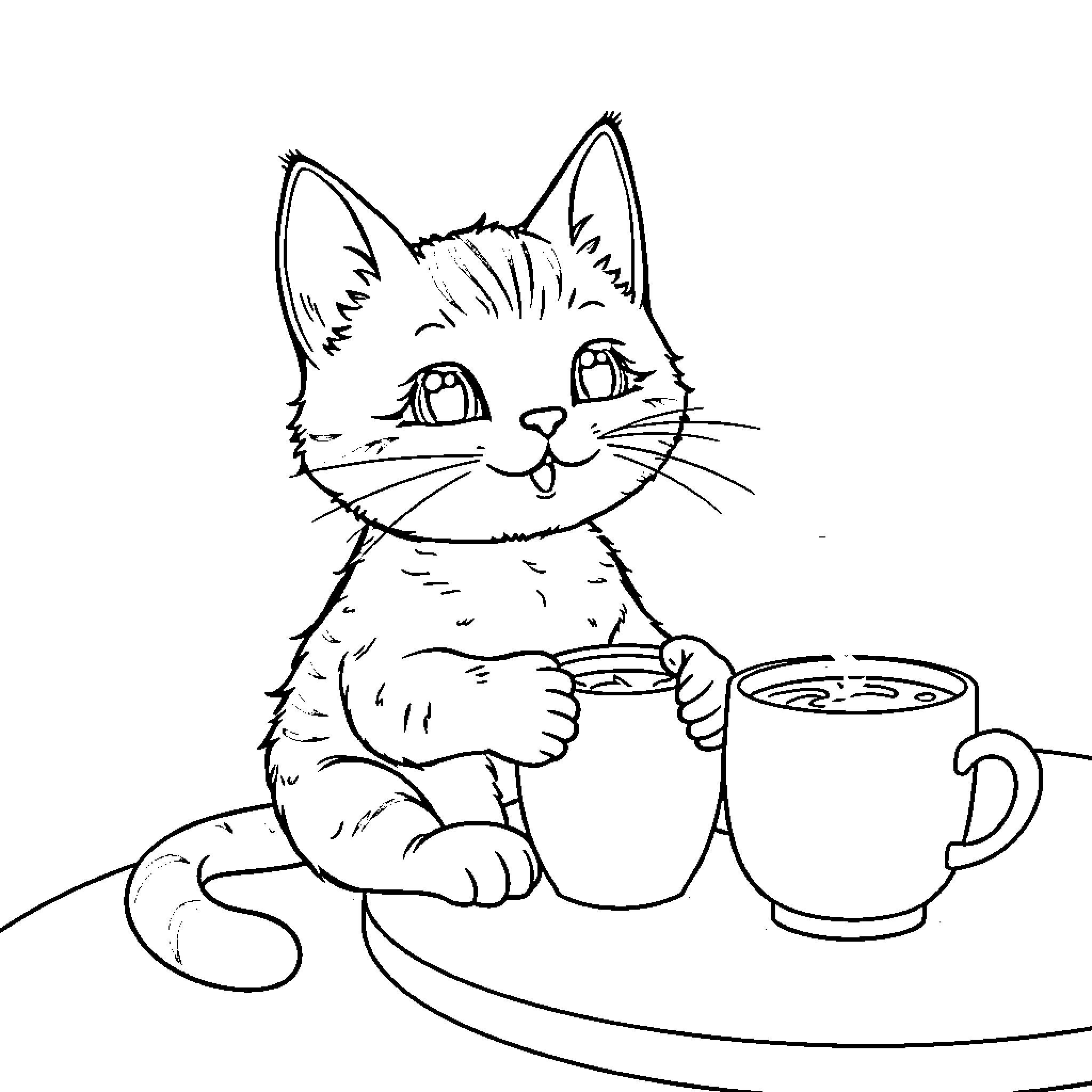 Cat enjoying a hot beverage Coloring Page (free black-and-white line drawing printable PDF for all, from beginners to advanced learners, including children, teens, adults, and seniors)