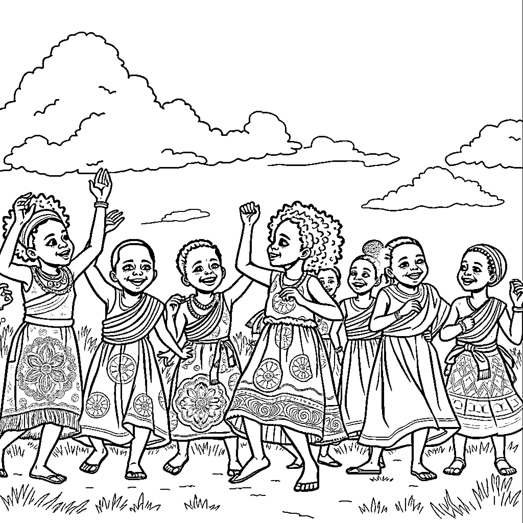 Children playing and dancing in traditional outfits Coloring Page (free black-and-white line drawing printable PDF for all, from beginners to advanced learners, including children, teens, adults, and seniors)