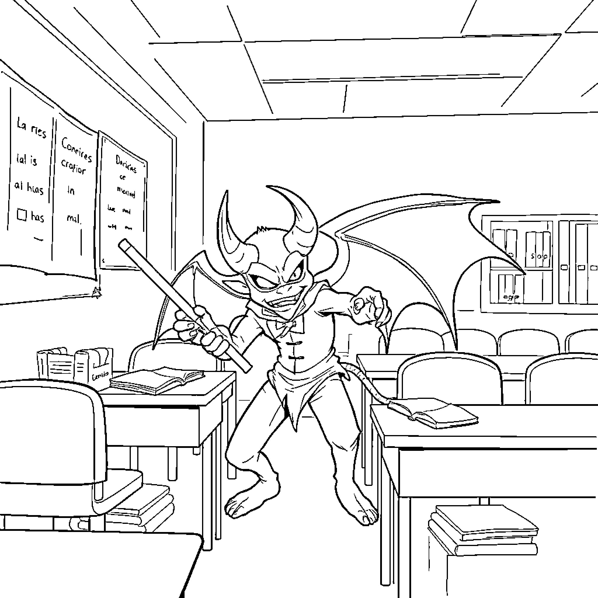 Hunter fighting evil in the office Coloring Page (free black-and-white line drawing printable PDF for all, from beginners to advanced learners, including children, teens, adults, and seniors)