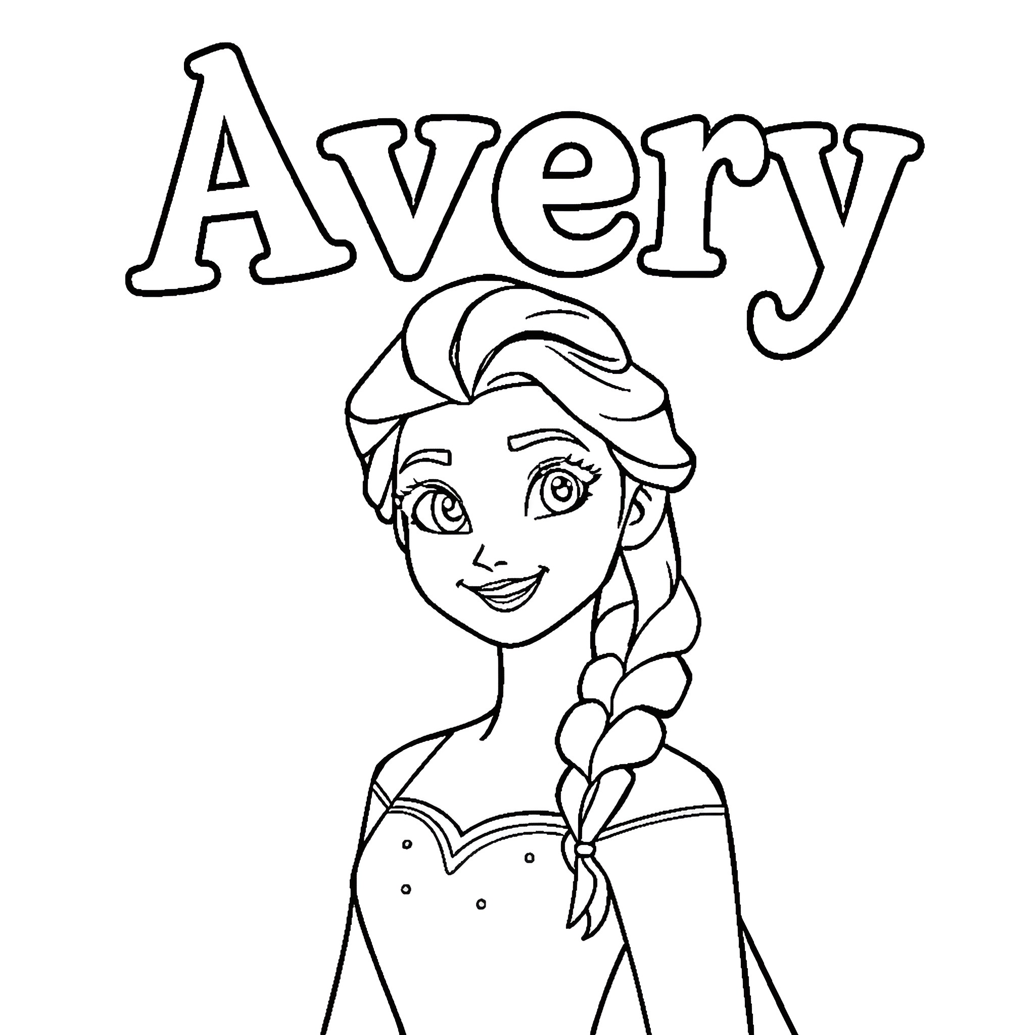 Elsa smiling and displaying her braided hairstyle Coloring Page (free black-and-white line drawing printable PDF for all, from beginners to advanced learners, including children, teens, adults, and seniors)