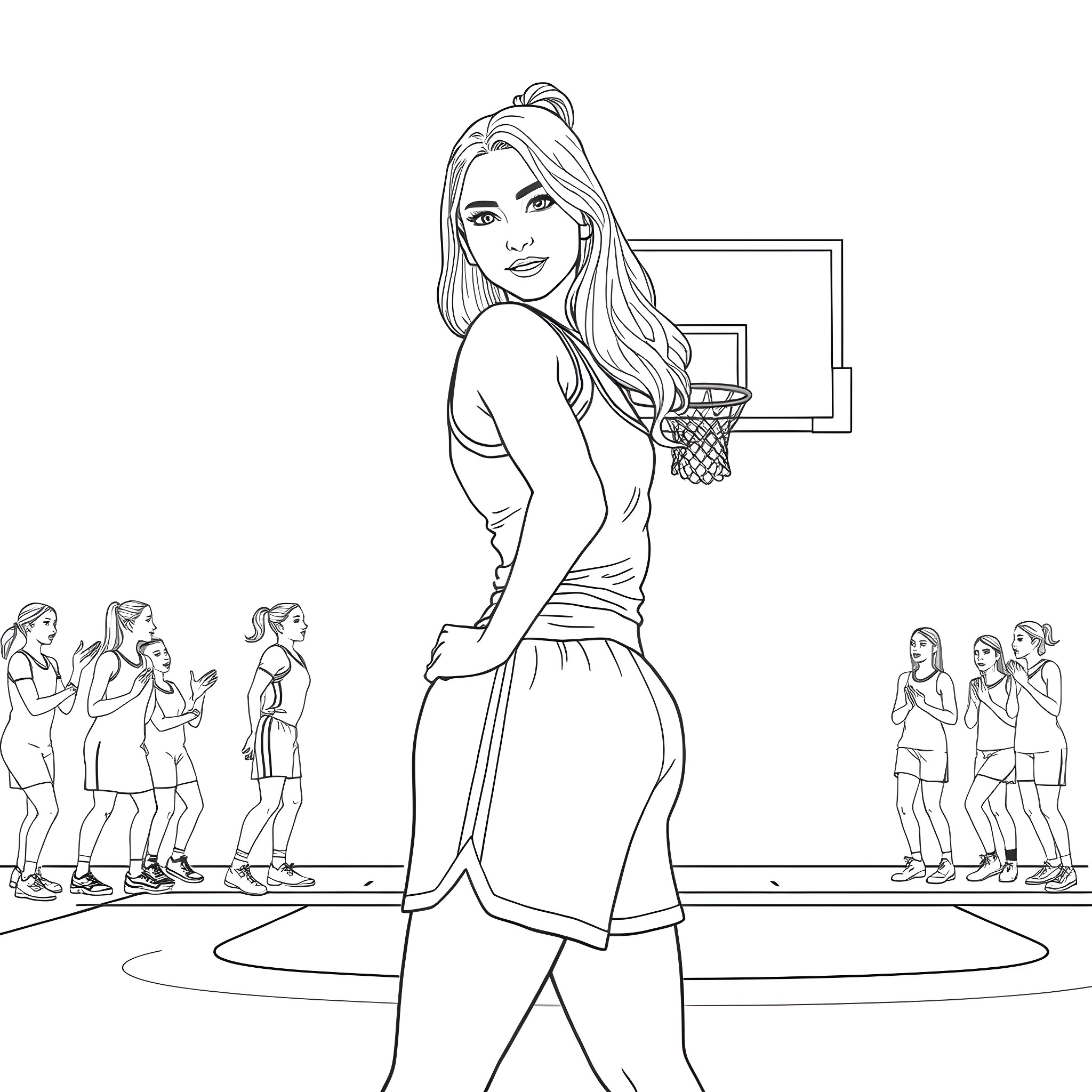 Hailey Van Lith playing basketball with teammates Coloring Page (free black-and-white line drawing printable PDF for all, from beginners to advanced learners, including children, teens, adults, and seniors)