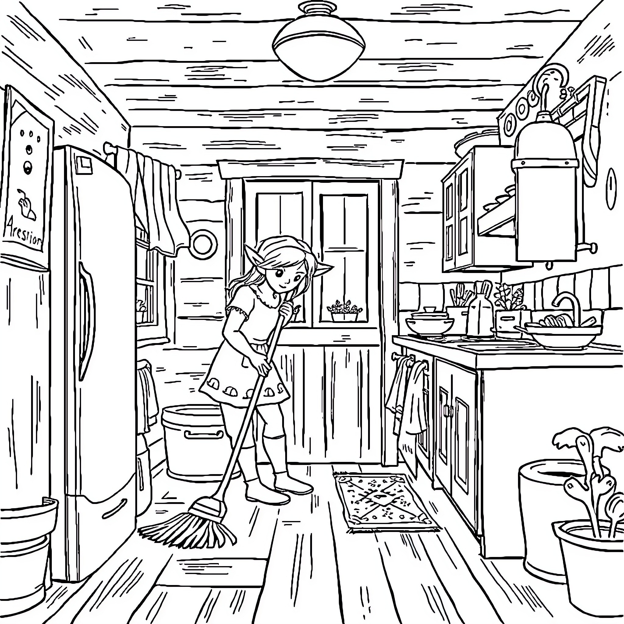 Link Sweeping the Cozy Cabin Interior Coloring Page (free black-and-white line drawing printable PDF for all, from beginners to advanced learners, including children, teens, adults, and seniors)
