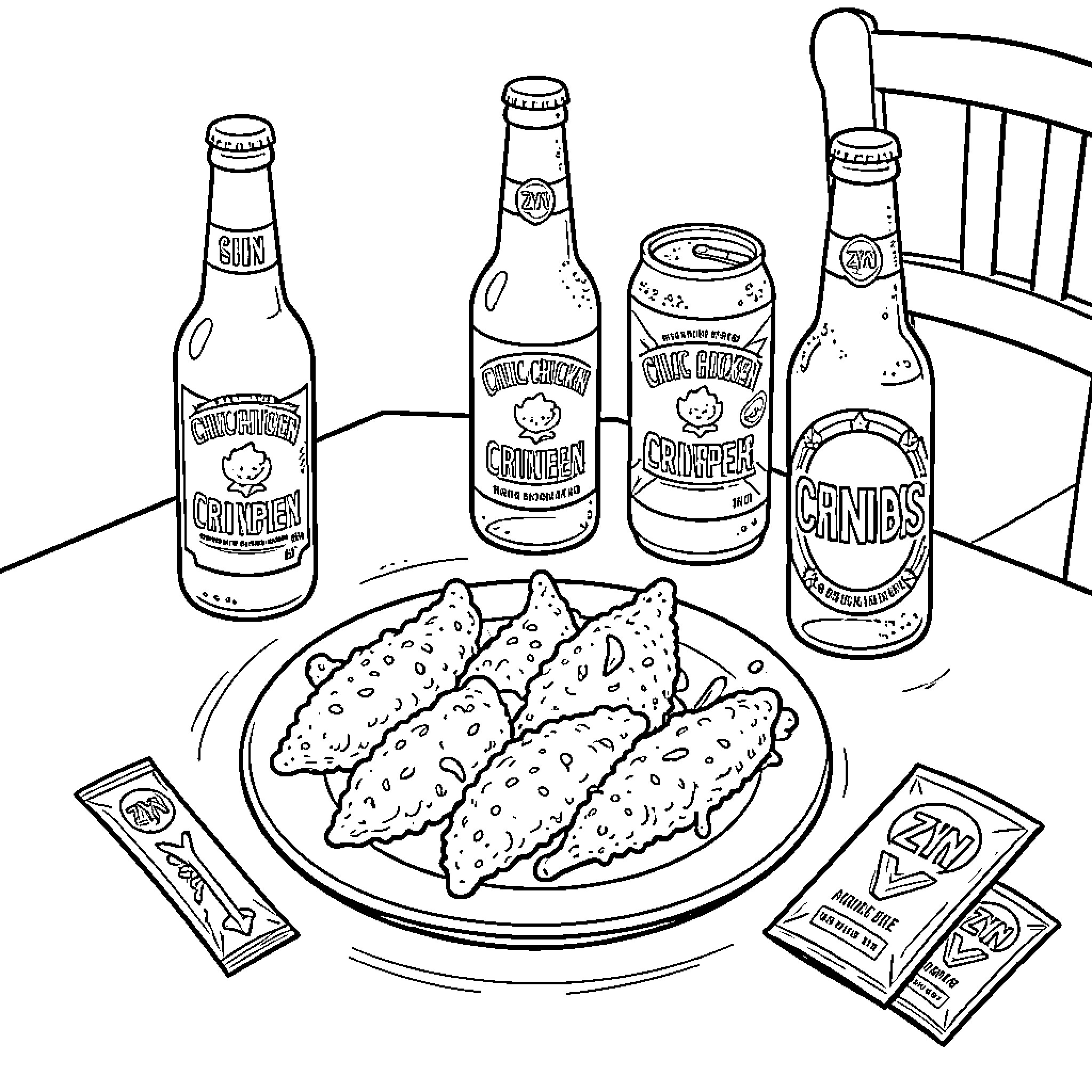 Meal of fried snacks served with various bottled drinks Coloring Page (free black-and-white line drawing printable PDF for all, from beginners to advanced learners, including children, teens, adults, and seniors)