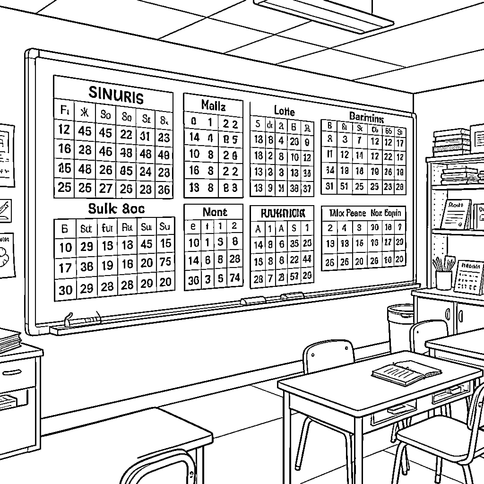 Math problems displayed on a large classroom whiteboard Coloring Page (free black-and-white line drawing printable PDF for all, from beginners to advanced learners, including children, teens, adults, and seniors)