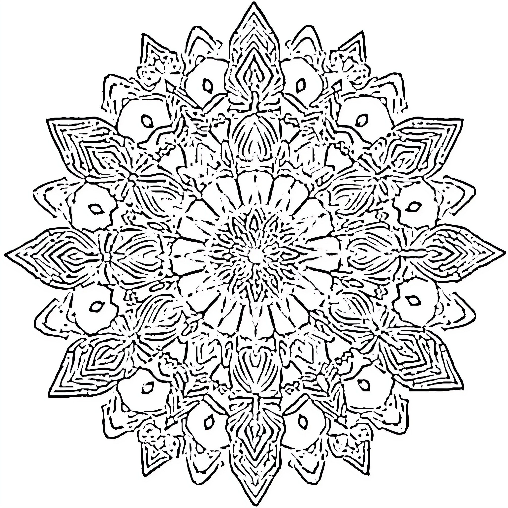 Mandala of intricate floral patterns Coloring Page (free black-and-white line drawing printable PDF for all, from beginners to advanced learners, including children, teens, adults, and seniors)