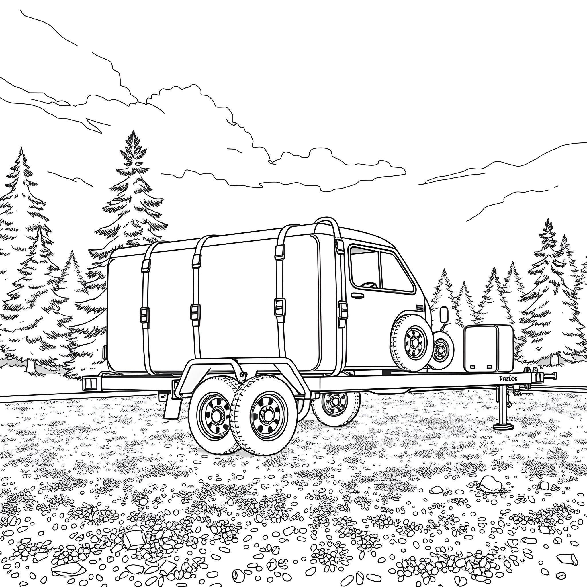 Car Trailer Hauling Supplies in the Wilderness Coloring Page (free black-and-white line drawing printable PDF for all, from beginners to advanced learners, including children, teens, adults, and seniors)