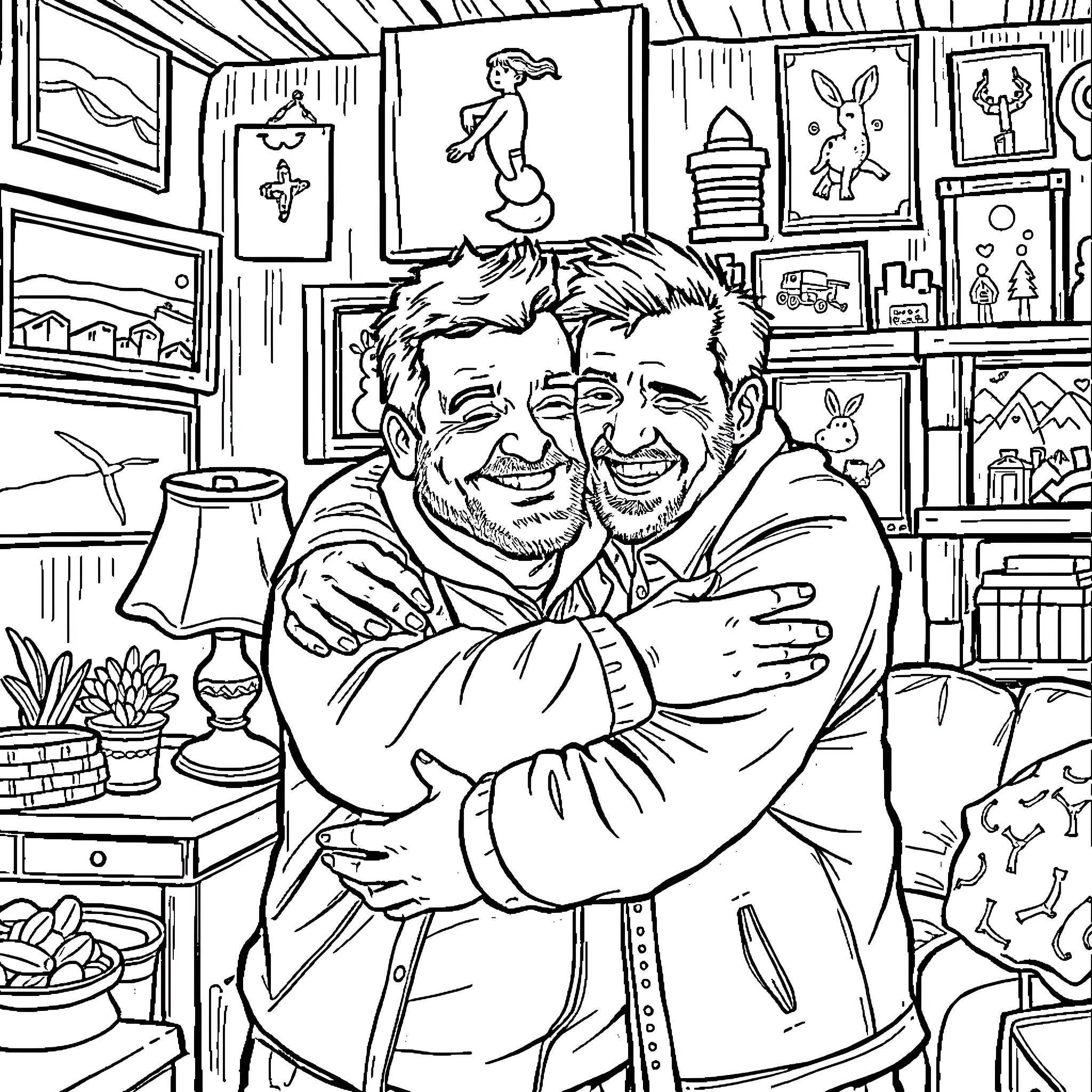 John Price and friend embrace happily in cozy study Coloring Page (free black-and-white line drawing printable PDF for all, from beginners to advanced learners, including children, teens, adults, and seniors)