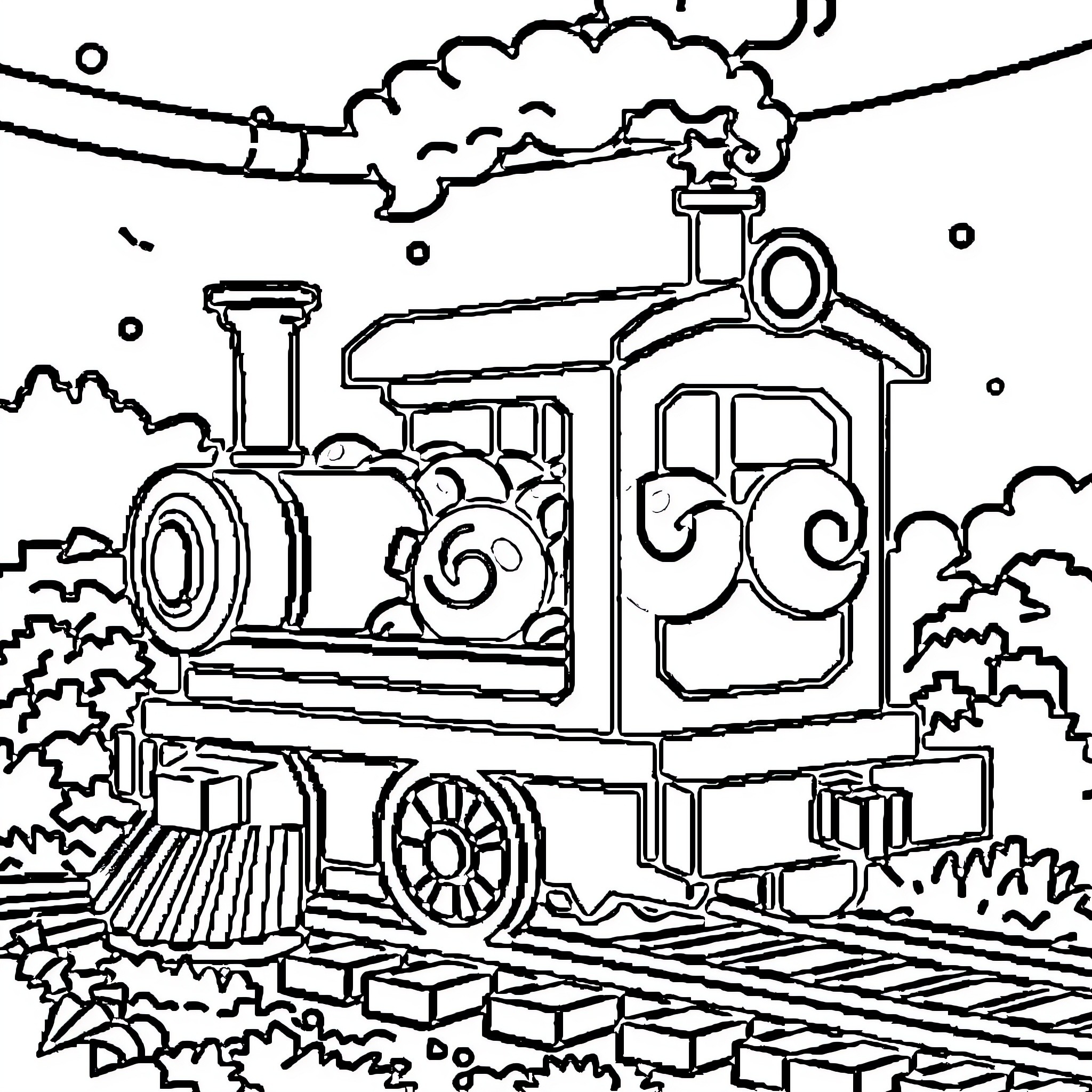 Train chugging along the tracks in the countryside Coloring Page (free black-and-white line drawing printable PDF for all, from beginners to advanced learners, including children, teens, adults, and seniors)