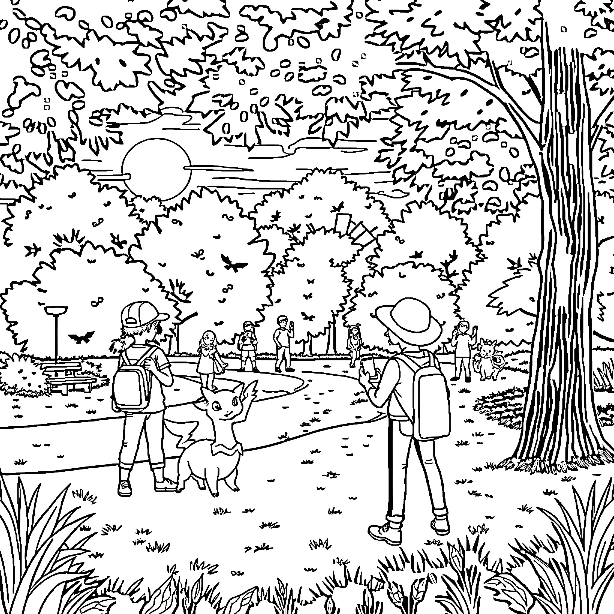 Pokémon characters exploring the scenic countryside Coloring Page (free black-and-white line drawing printable PDF for all, from beginners to advanced learners, including children, teens, adults, and seniors)