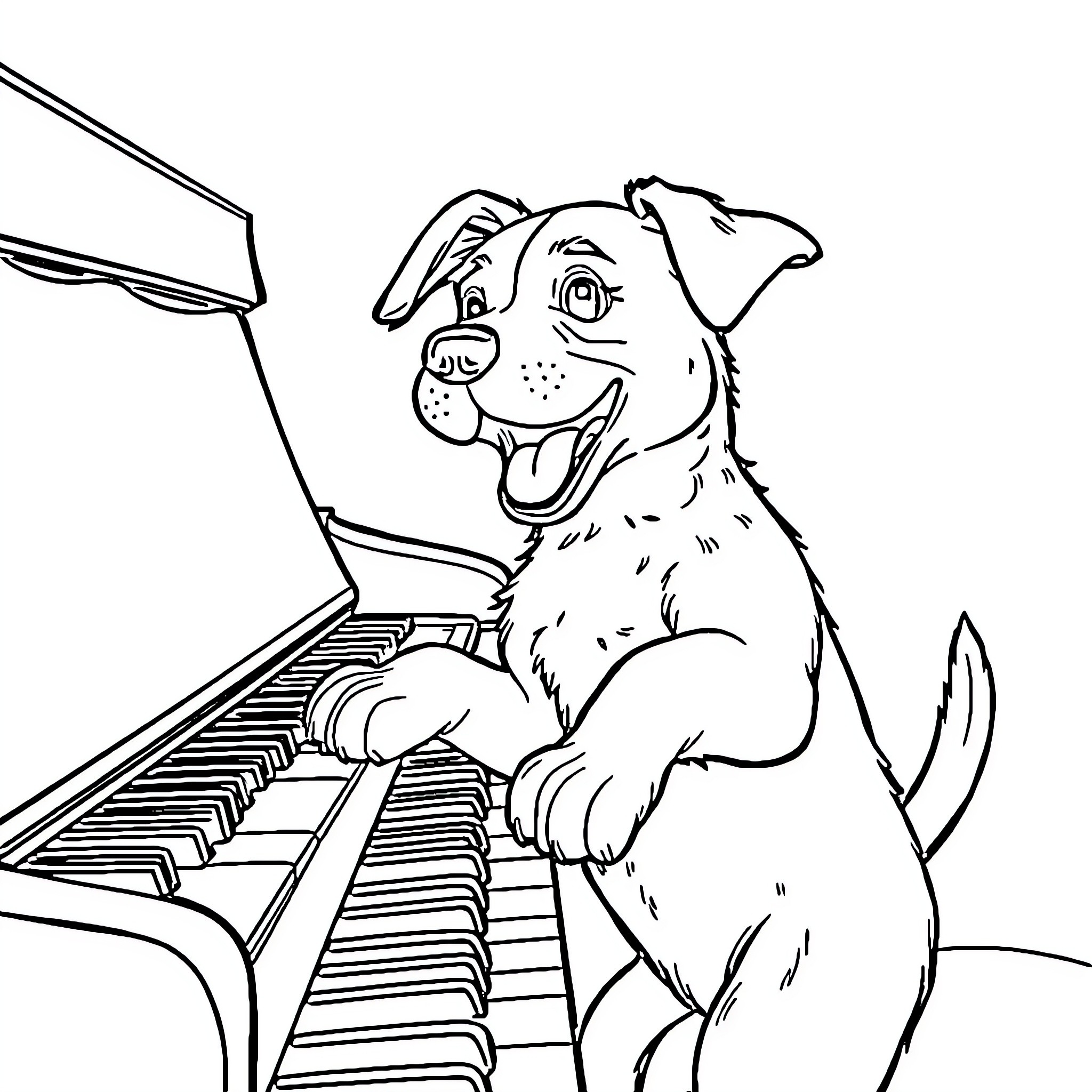 Dog playing the piano with joy Coloring Page (free black-and-white line drawing printable PDF for all, from beginners to advanced learners, including children, teens, adults, and seniors)