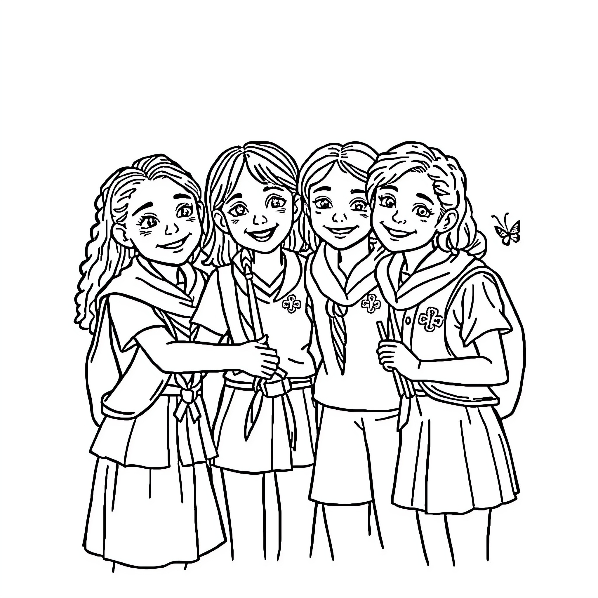 Girl Scout friends posing together happily Coloring Page (free black-and-white line drawing printable PDF for all, from beginners to advanced learners, including children, teens, adults, and seniors)