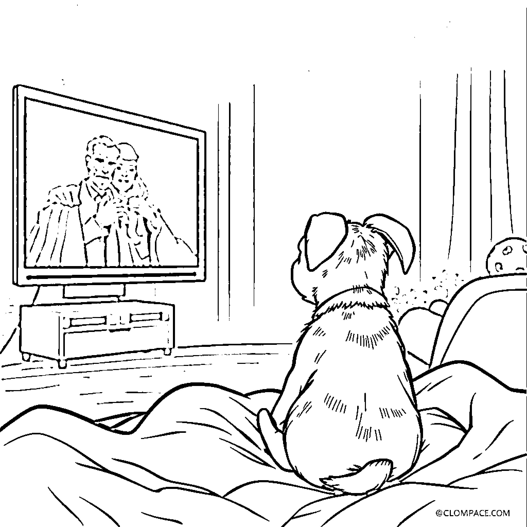 Dog watching TV in living room Coloring Page (free black-and-white line drawing printable PDF for all, from beginners to advanced learners, including children, teens, adults, and seniors)