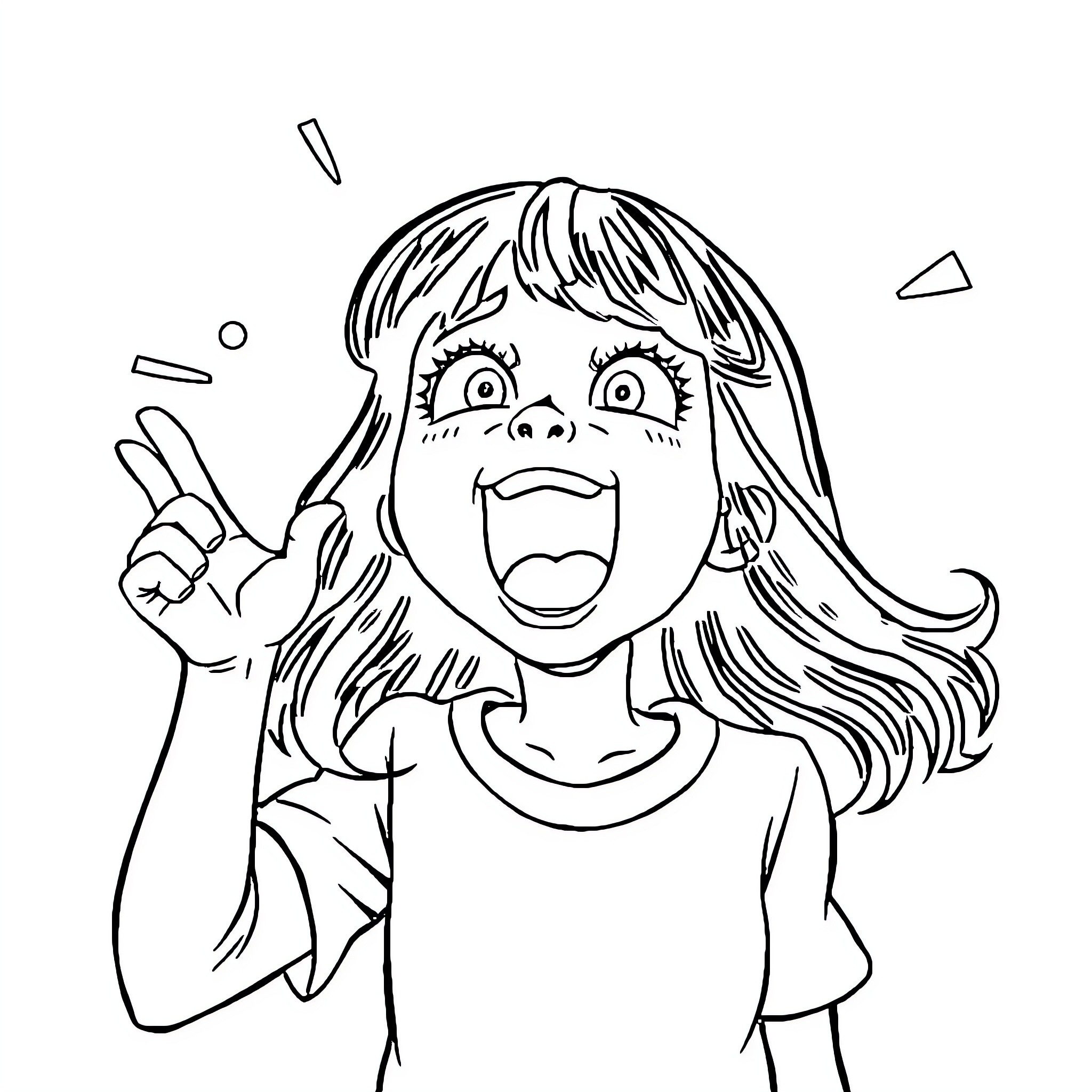 Girl making excited expression with peace sign Coloring Page (free black-and-white line drawing printable PDF for all, from beginners to advanced learners, including children, teens, adults, and seniors)
