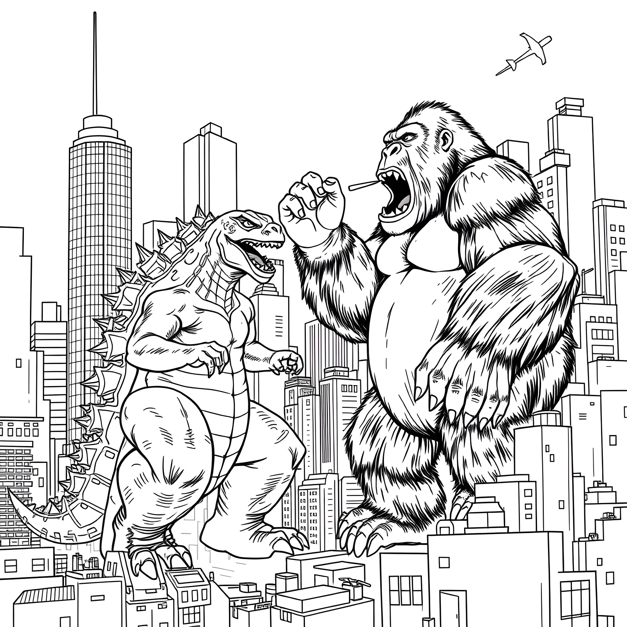 Godzilla and King Kong battling in the city Coloring Page (free black-and-white line drawing printable PDF for all, from beginners to advanced learners, including children, teens, adults, and seniors)