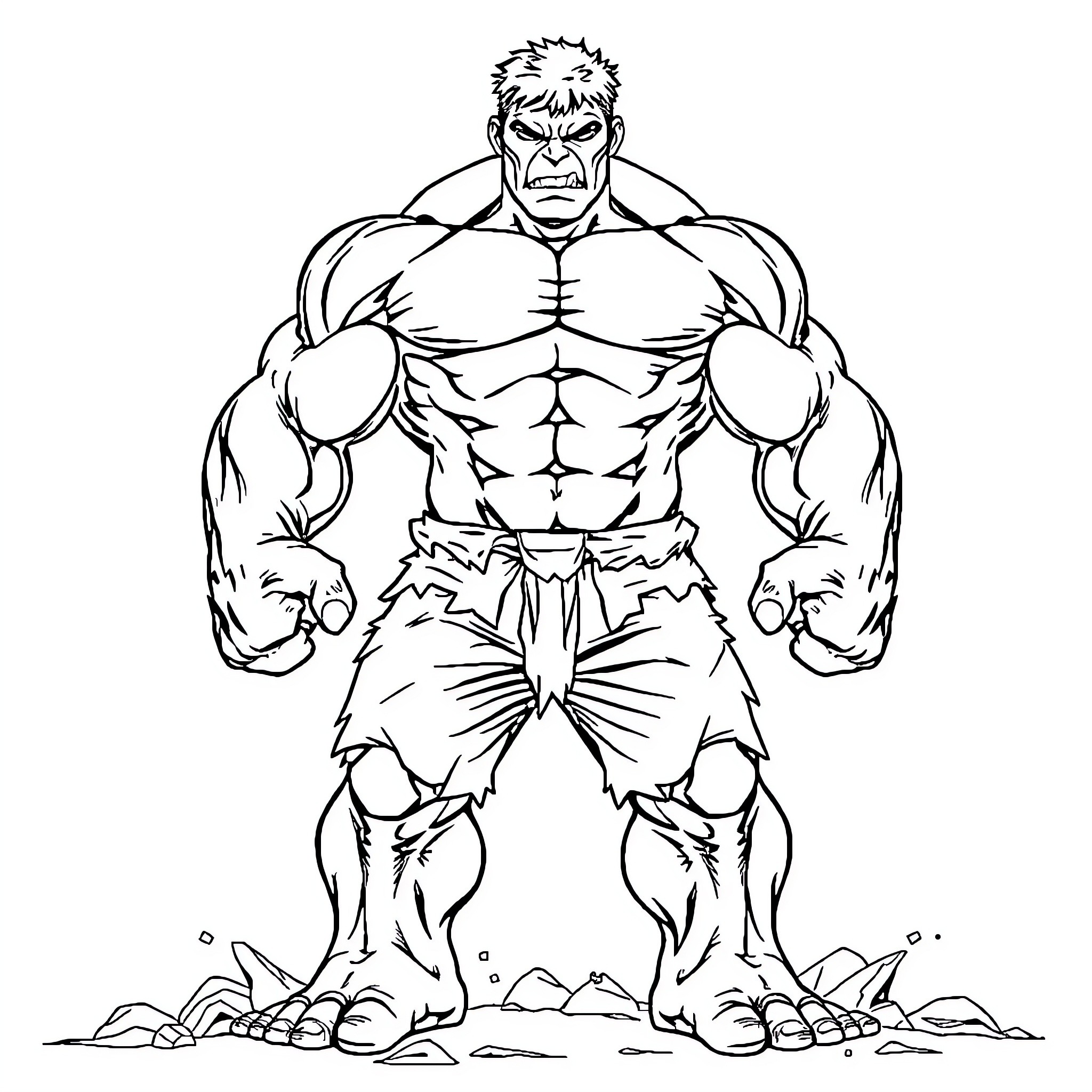 Hulk flexing muscular body in a powerful stance Coloring Page (free black-and-white line drawing printable PDF for all, from beginners to advanced learners, including children, teens, adults, and seniors)