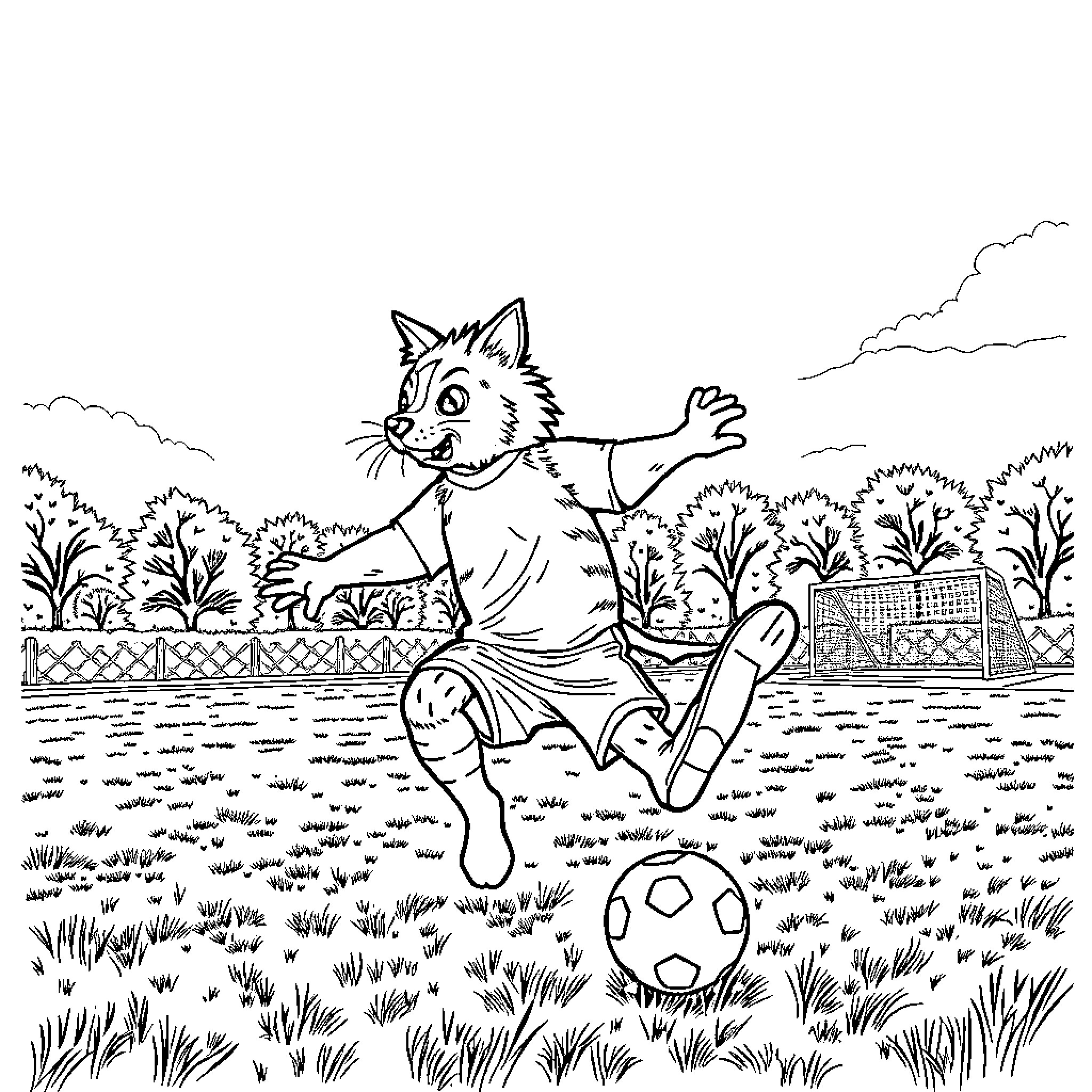 Cat playing joyfully with a soccer ball in the garden Coloring Page (free black-and-white line drawing printable PDF for all, from beginners to advanced learners, including children, teens, adults, and seniors)