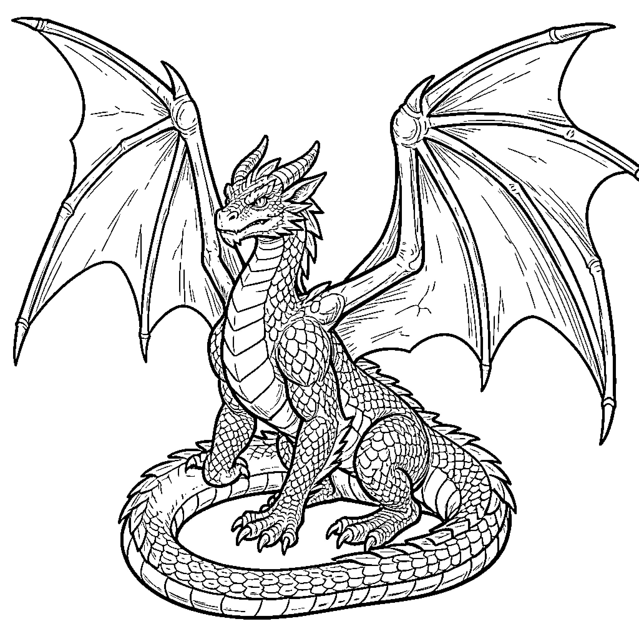 Dragon with Majestic Wings Perched on Ground Coloring Page (free black-and-white line drawing printable PDF for all, from beginners to advanced learners, including children, teens, adults, and seniors)