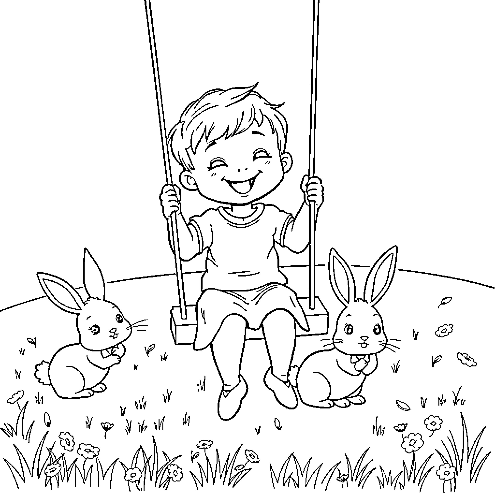 Child playing on a swing with bunnies Coloring Page (free black-and-white line drawing printable PDF for all, from beginners to advanced learners, including children, teens, adults, and seniors)