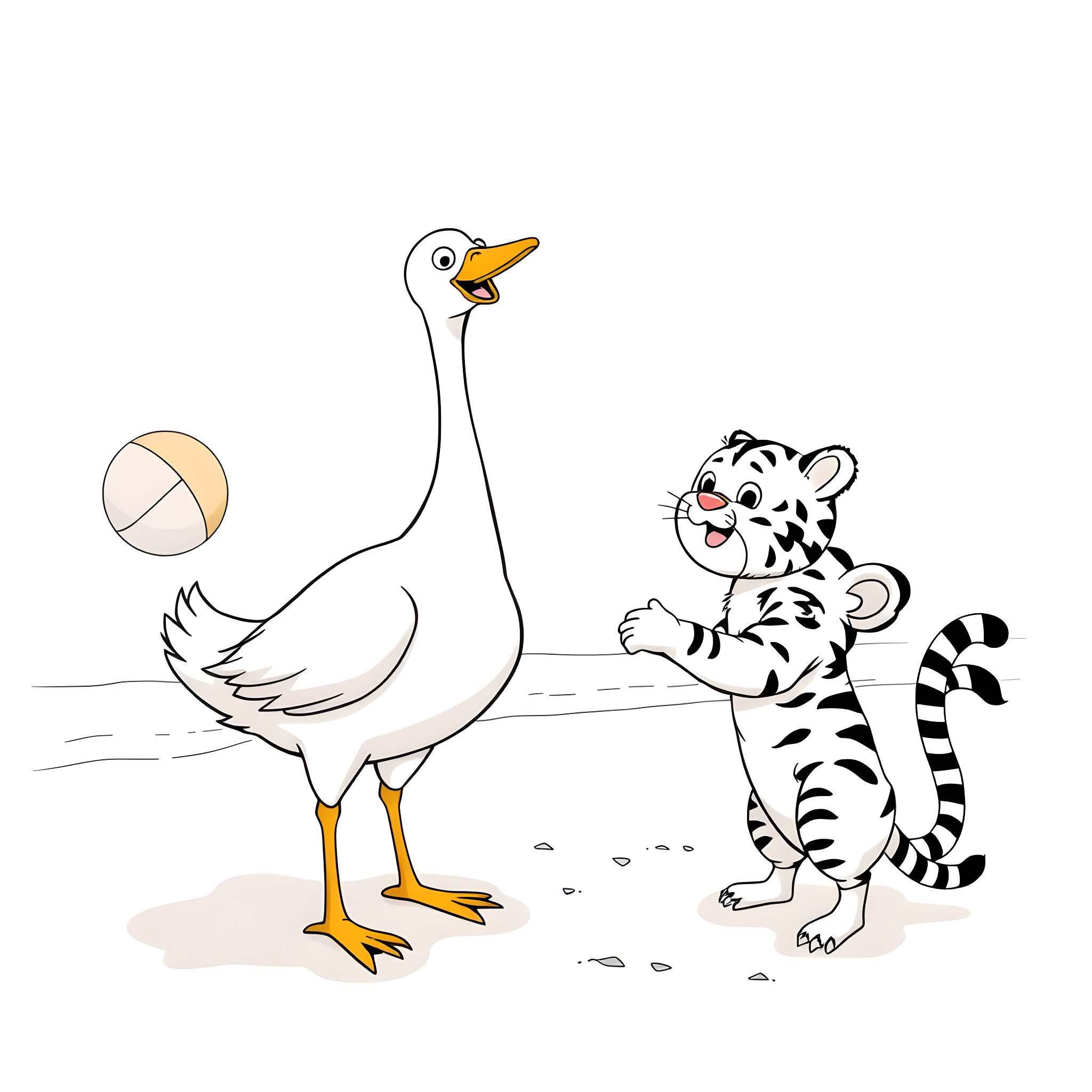 Goose and playful tiger cub interact outdoors Coloring Page (free black-and-white line drawing printable PDF for all, from beginners to advanced learners, including children, teens, adults, and seniors)