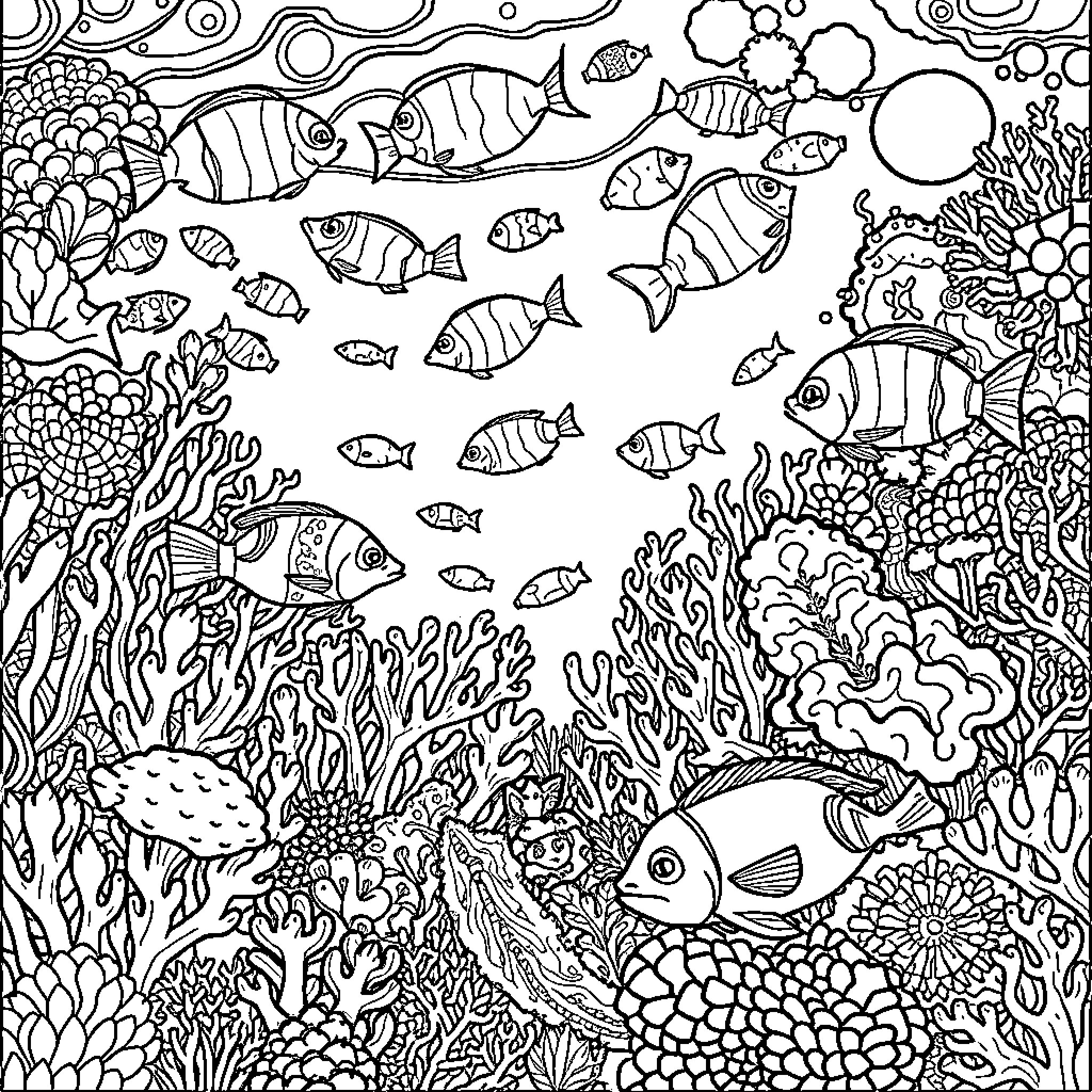 Sea of Vibrant Marine Life Coloring Page (free black-and-white line drawing printable PDF for all, from beginners to advanced learners, including children, teens, adults, and seniors)