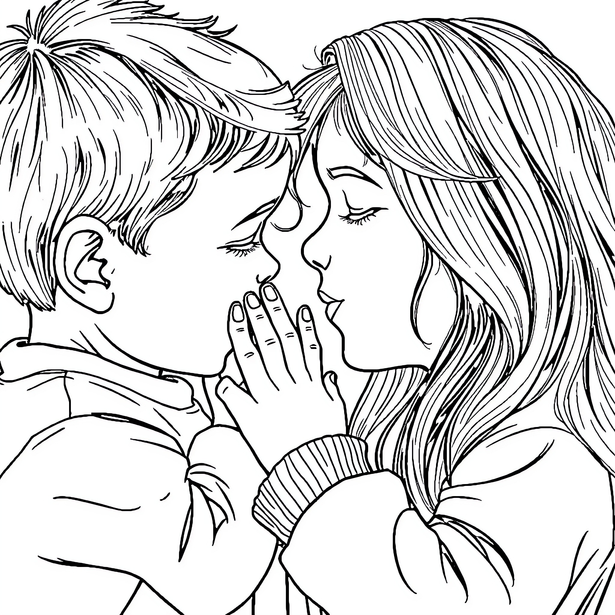 Boy and girl in tender embrace Coloring Page (free black-and-white line drawing printable PDF for all, from beginners to advanced learners, including children, teens, adults, and seniors)