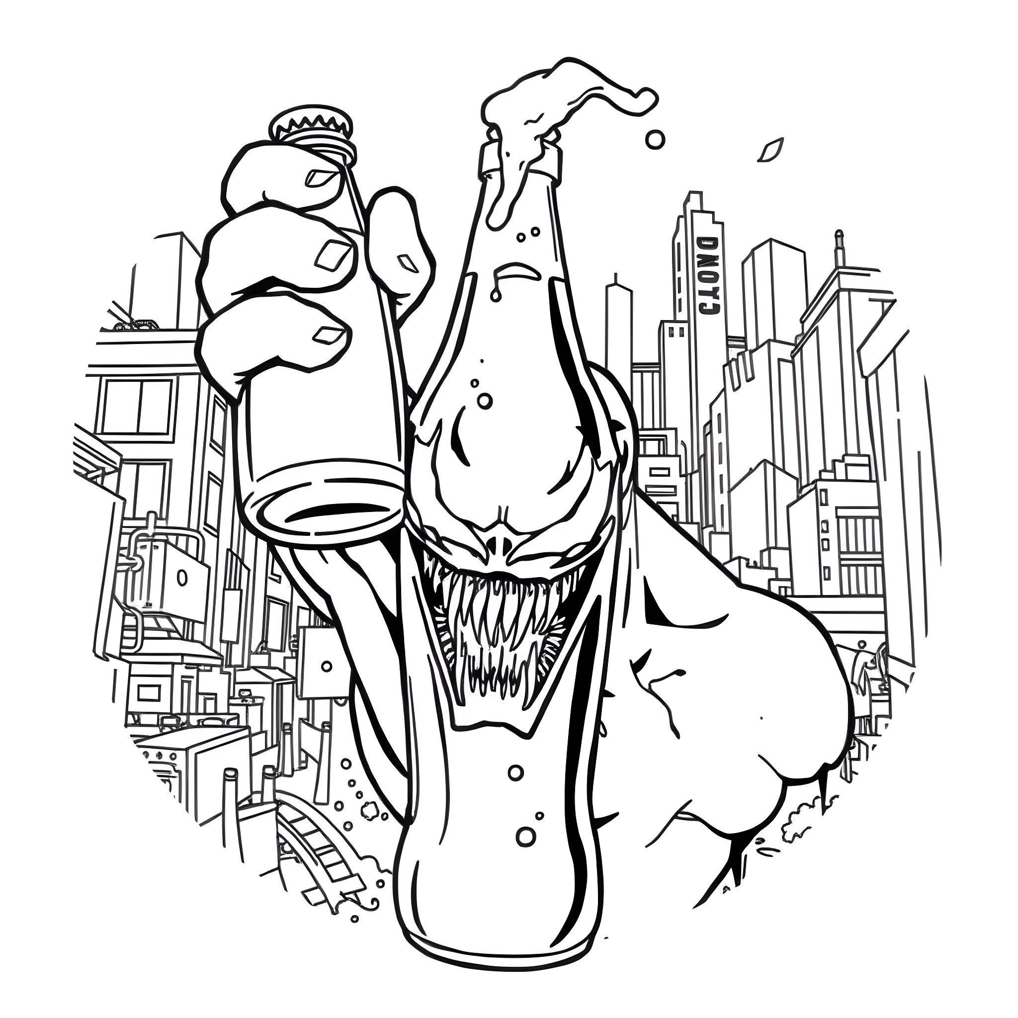 Venom in Menacing Pose against Cityscape Coloring Page (free black-and-white line drawing printable PDF for all, from beginners to advanced learners, including children, teens, adults, and seniors)
