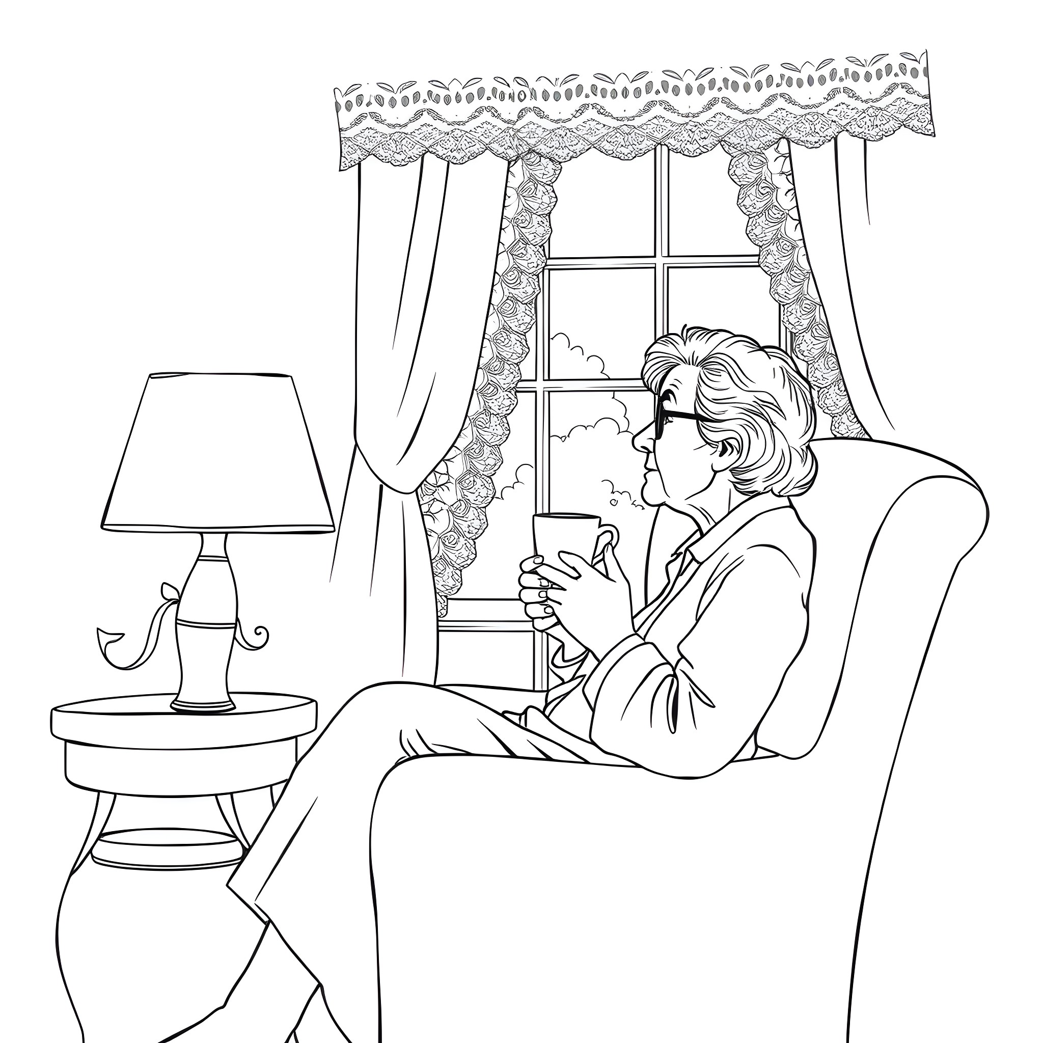 Old Woman Relaxing in Cozy Armchair by the Window Coloring Page (free black-and-white line drawing printable PDF for all, from beginners to advanced learners, including children, teens, adults, and seniors)