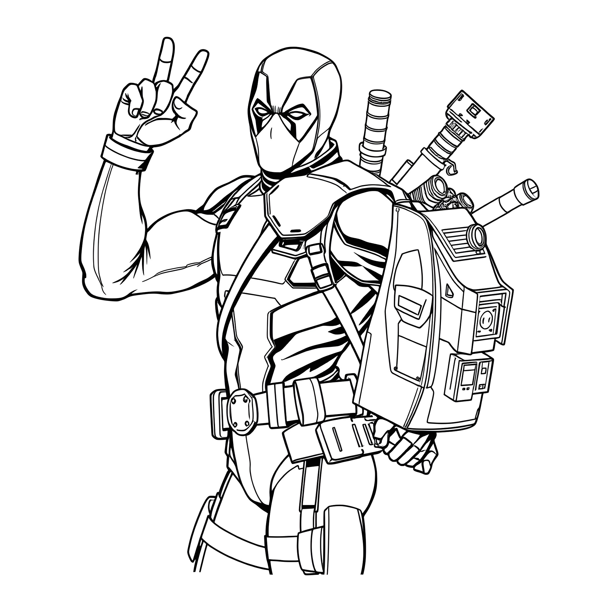 Deadpool striking an action pose with weapons Coloring Page (free black-and-white line drawing printable PDF for all, from beginners to advanced learners, including children, teens, adults, and seniors)