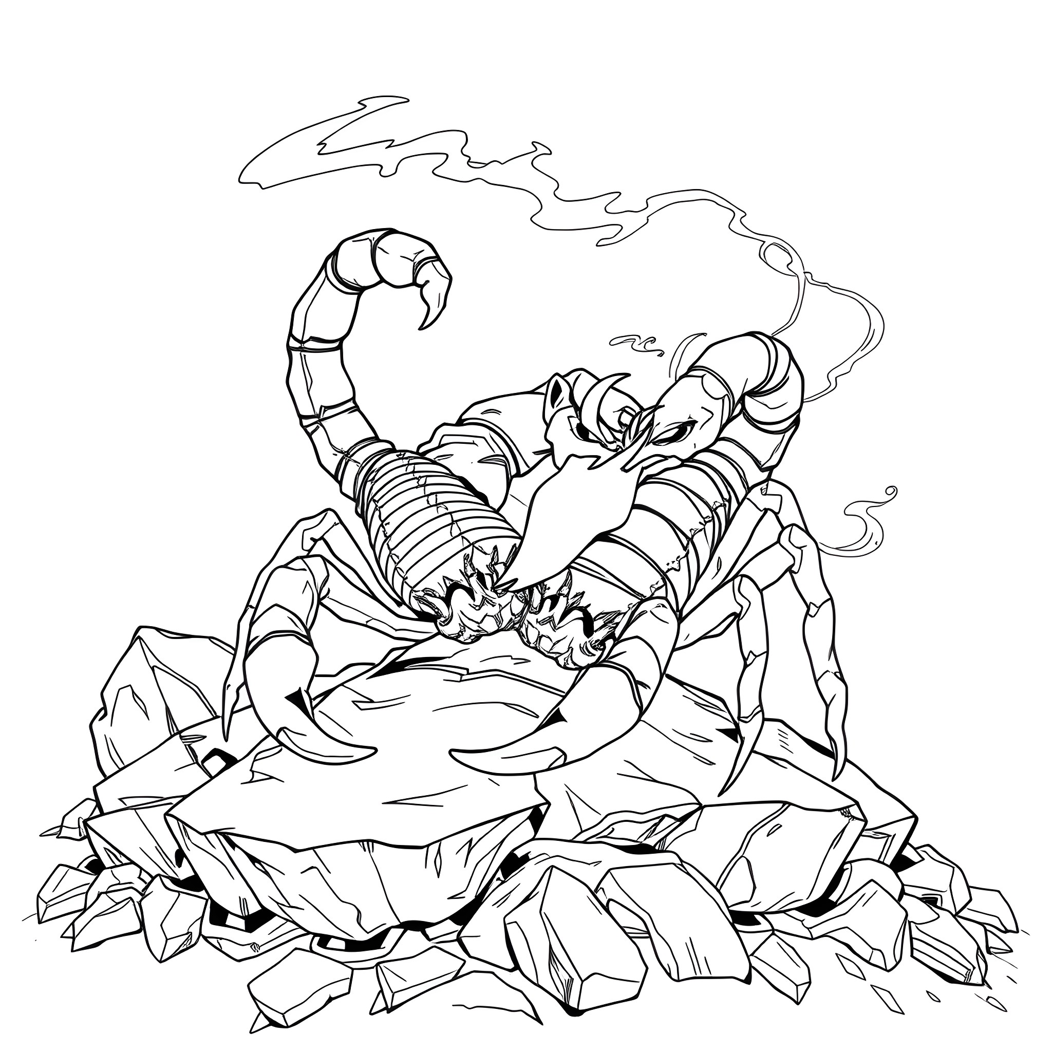 Scorpion emerging from cracked ground Coloring Page (free black-and-white line drawing printable PDF for all, from beginners to advanced learners, including children, teens, adults, and seniors)