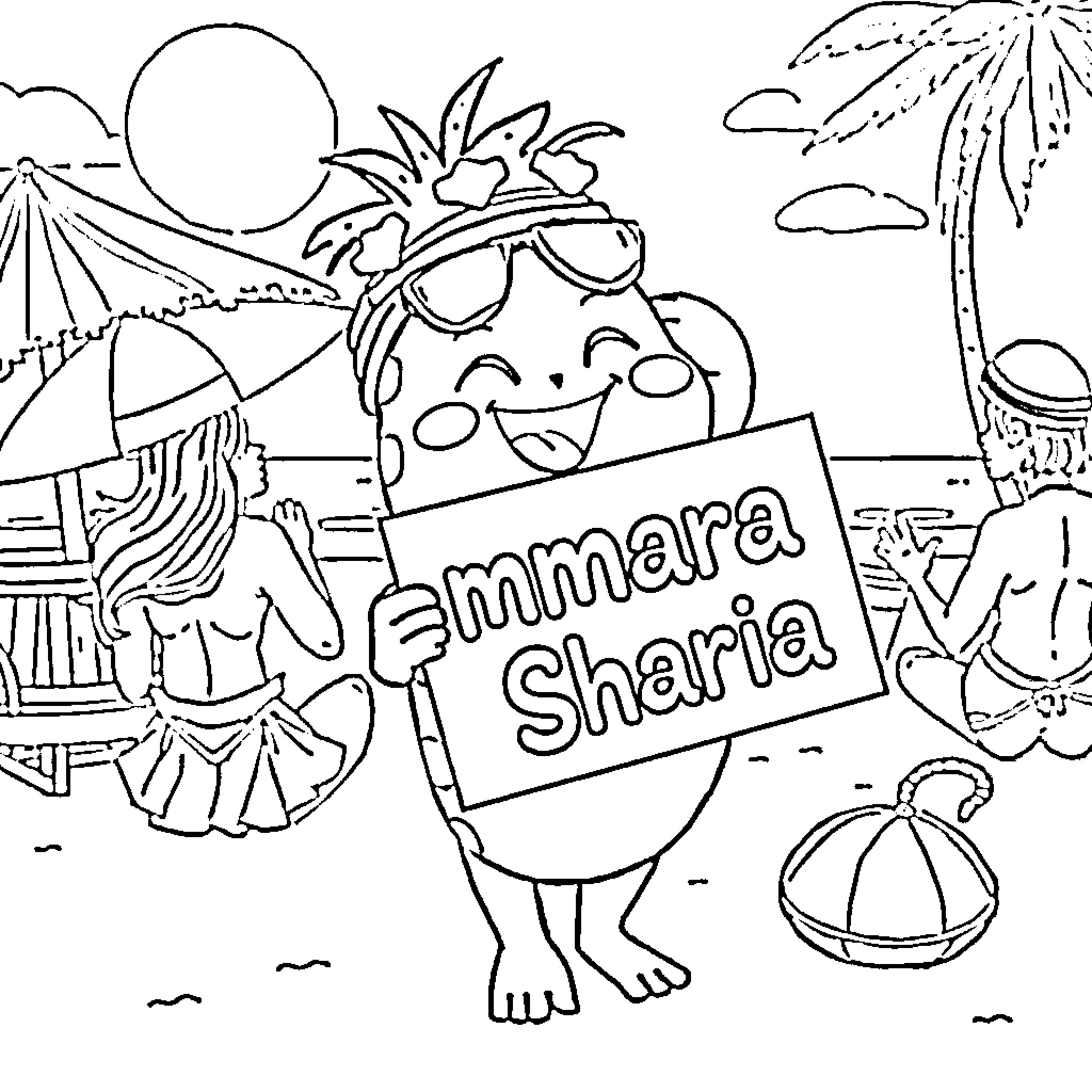 Kuroki enjoying the beach with friends Coloring Page (free black-and-white line drawing printable PDF for all, from beginners to advanced learners, including children, teens, adults, and seniors)
