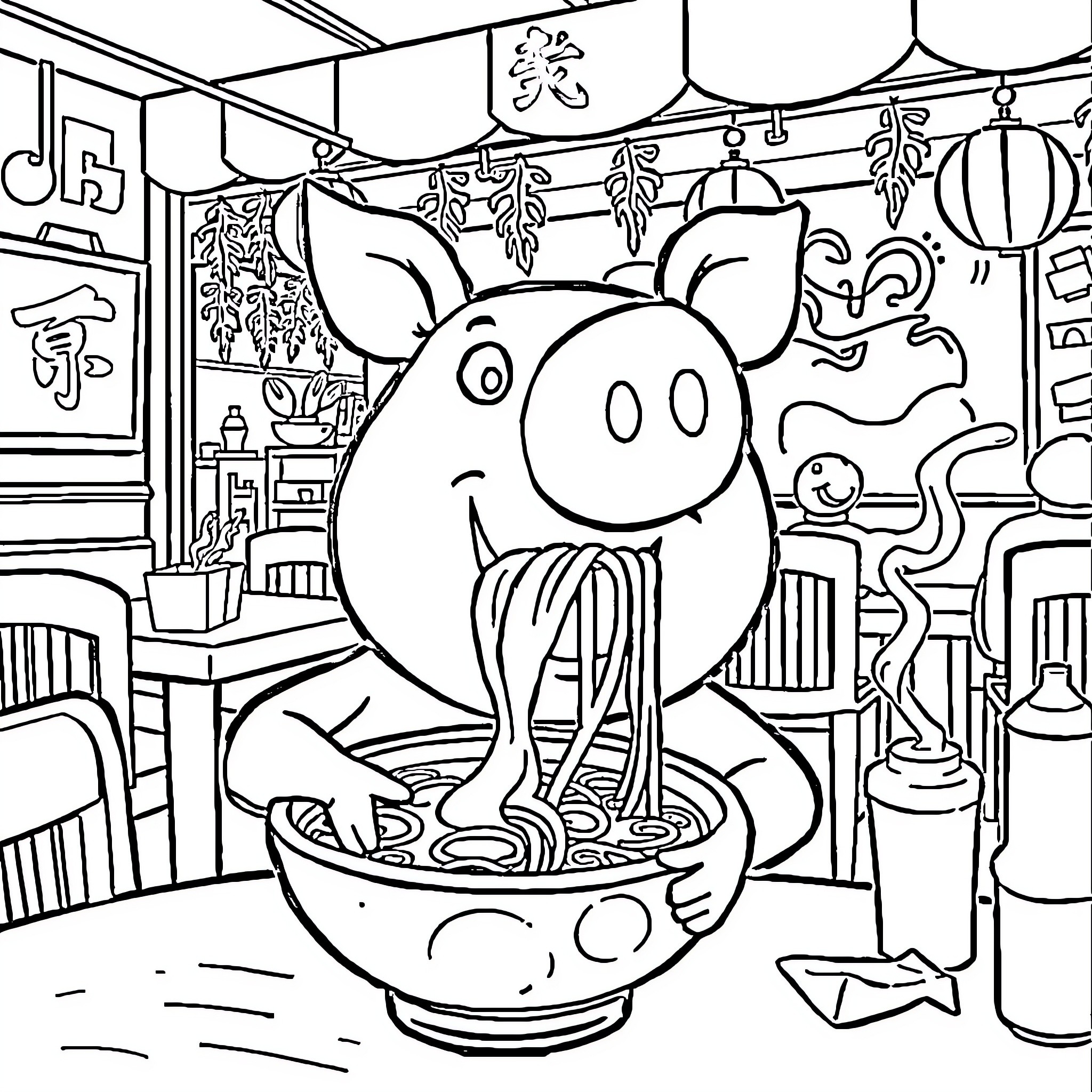 Peppa Pig enjoying a hearty meal in a cozy restaurant Coloring Page (free black-and-white line drawing printable PDF for all, from beginners to advanced learners, including children, teens, adults, and seniors)