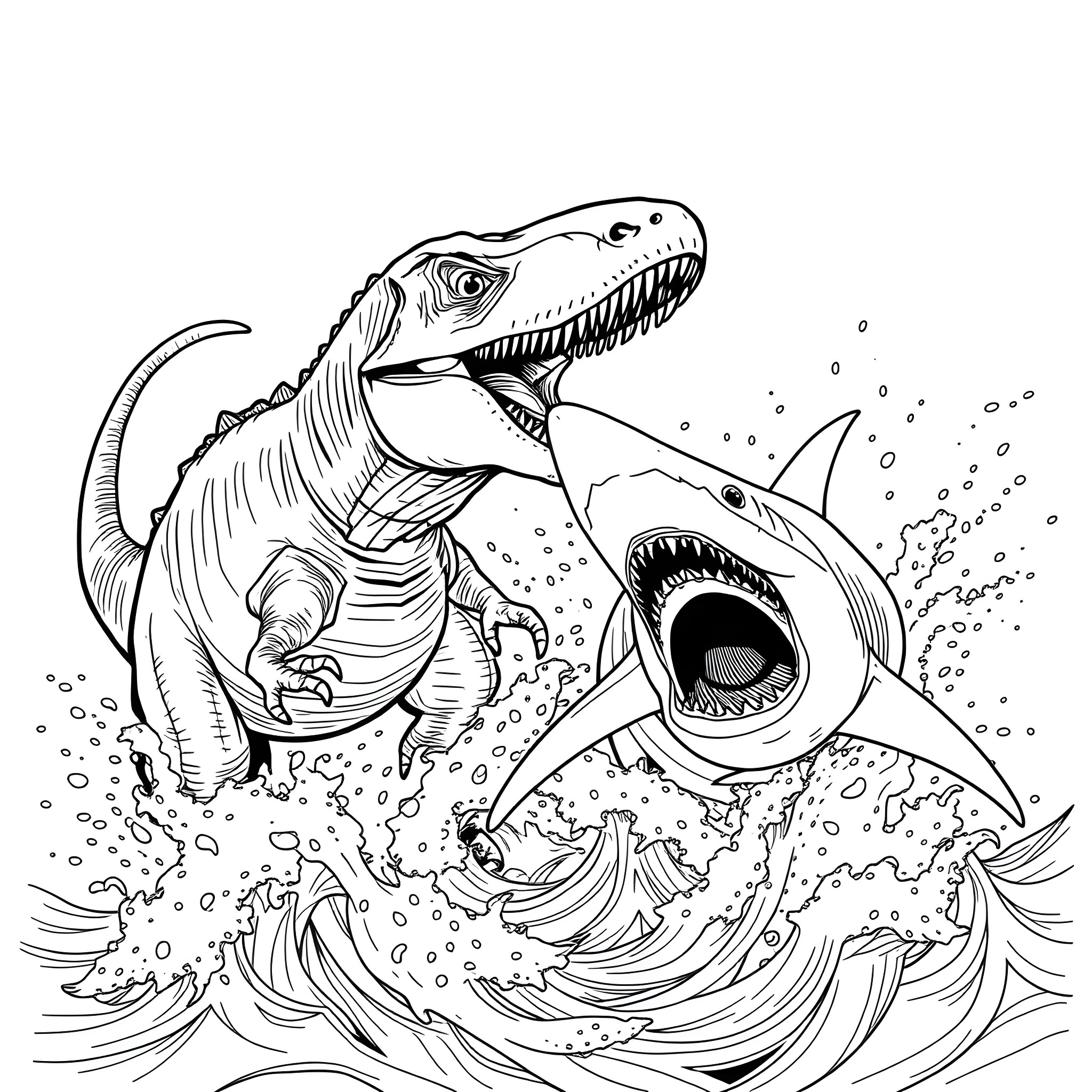 Spinosaurus chasing a great white shark in the ocean Coloring Page (free black-and-white line drawing printable PDF for all, from beginners to advanced learners, including children, teens, adults, and seniors)