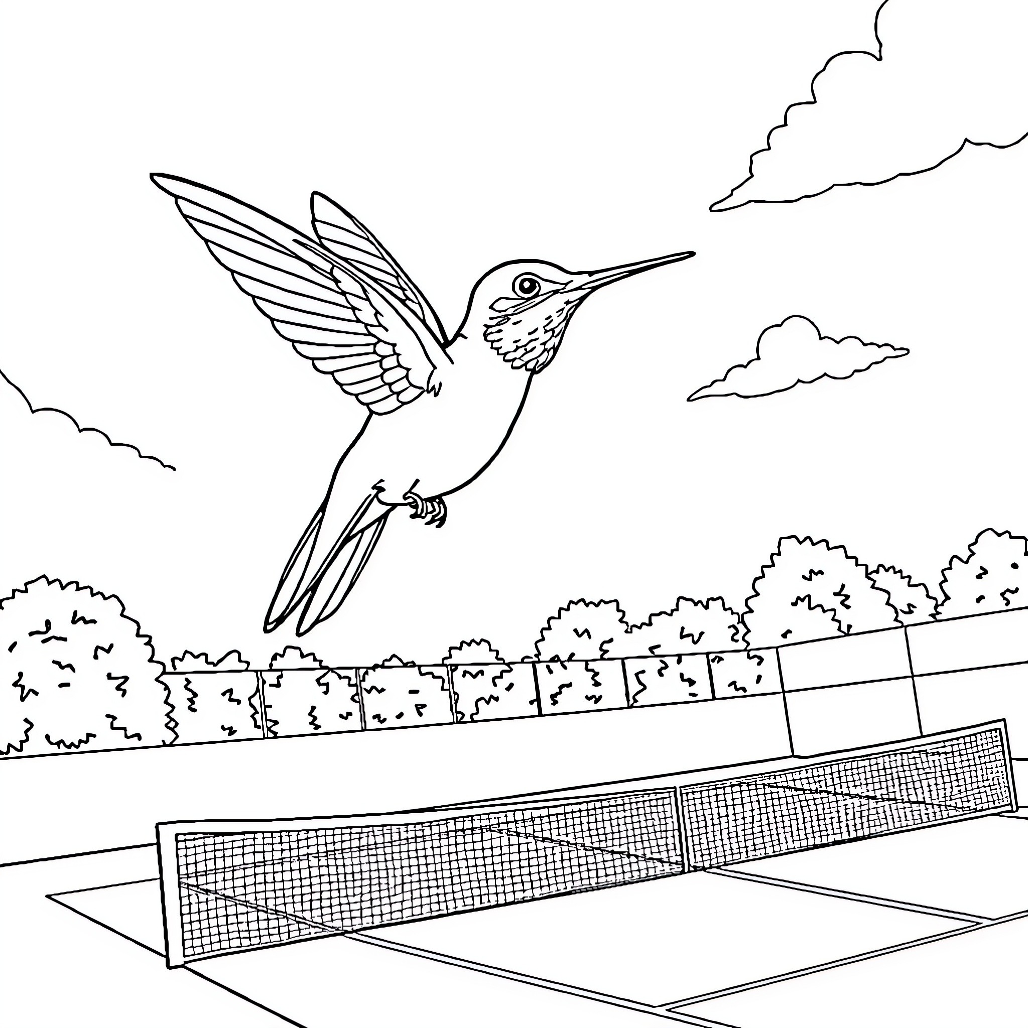 Hummingbird soaring gracefully near tennis court Coloring Page (free black-and-white line drawing printable PDF for all, from beginners to advanced learners, including children, teens, adults, and seniors)