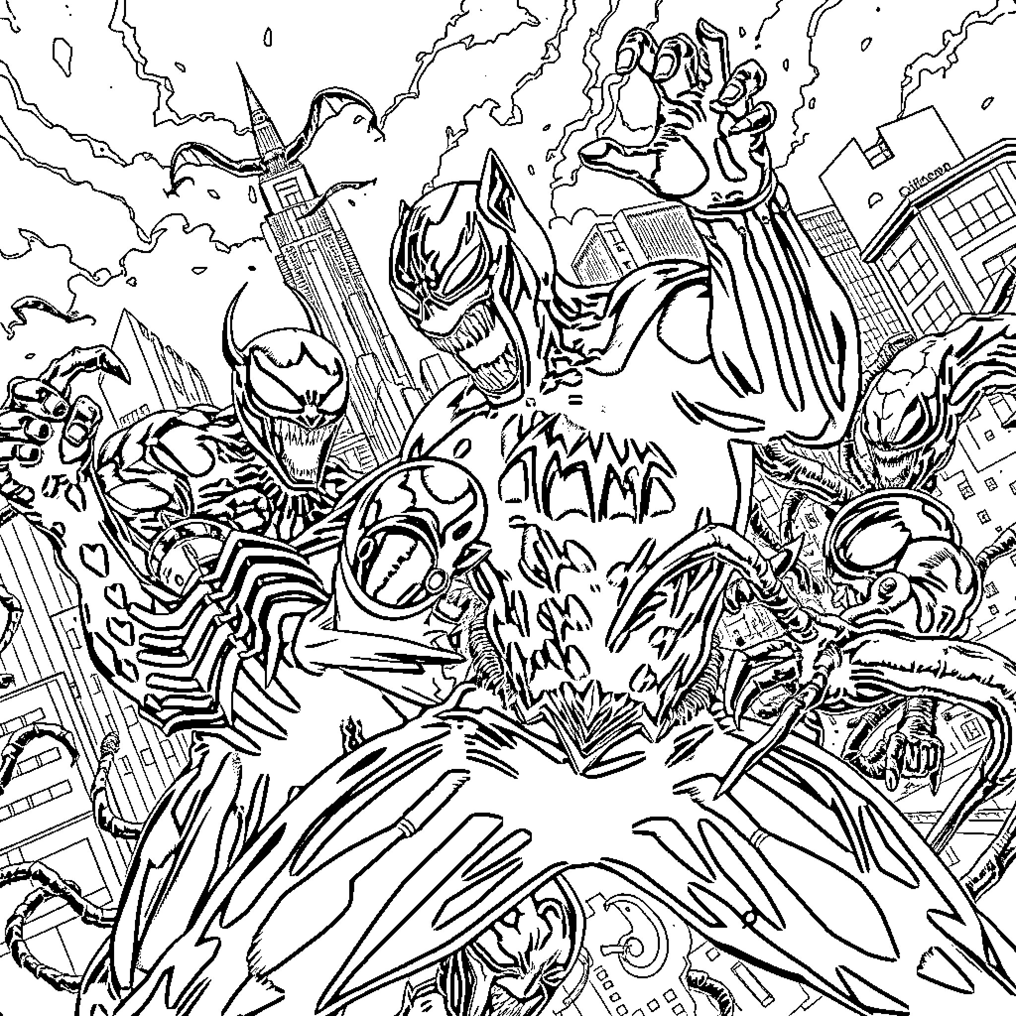 Panther Unleashing Chaos in the City Coloring Page (free black-and-white line drawing printable PDF for all, from beginners to advanced learners, including children, teens, adults, and seniors)