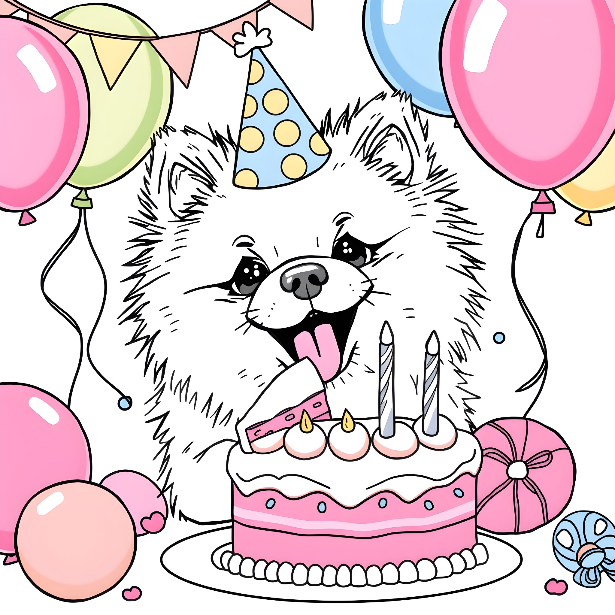 Pomeranian dog celebrating birthday with cake and balloons Coloring Page (free black-and-white line drawing printable PDF for all, from beginners to advanced learners, including children, teens, adults, and seniors)