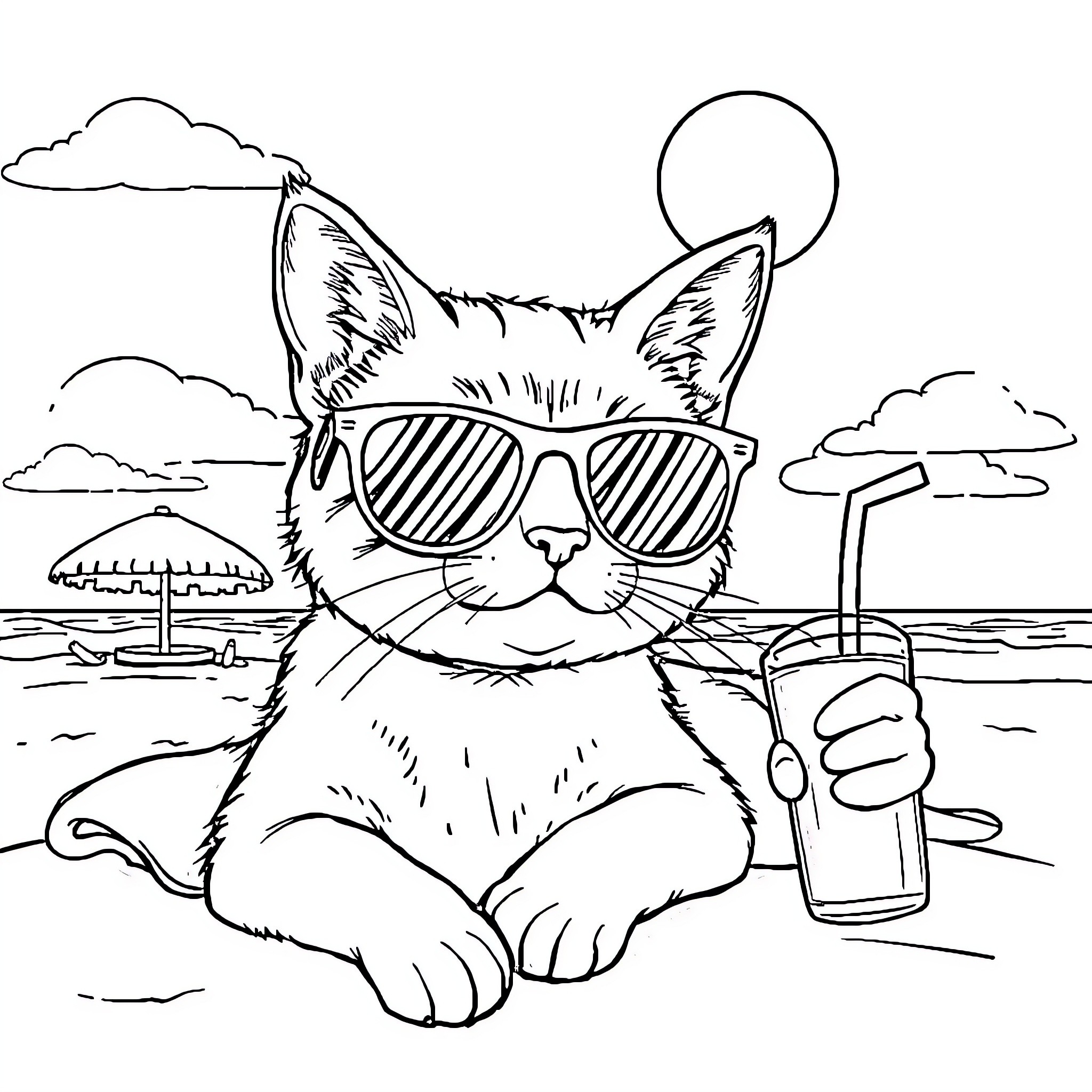 Cat relaxing on the beach with sunglasses Coloring Page (free black-and-white line drawing printable PDF for all, from beginners to advanced learners, including children, teens, adults, and seniors)