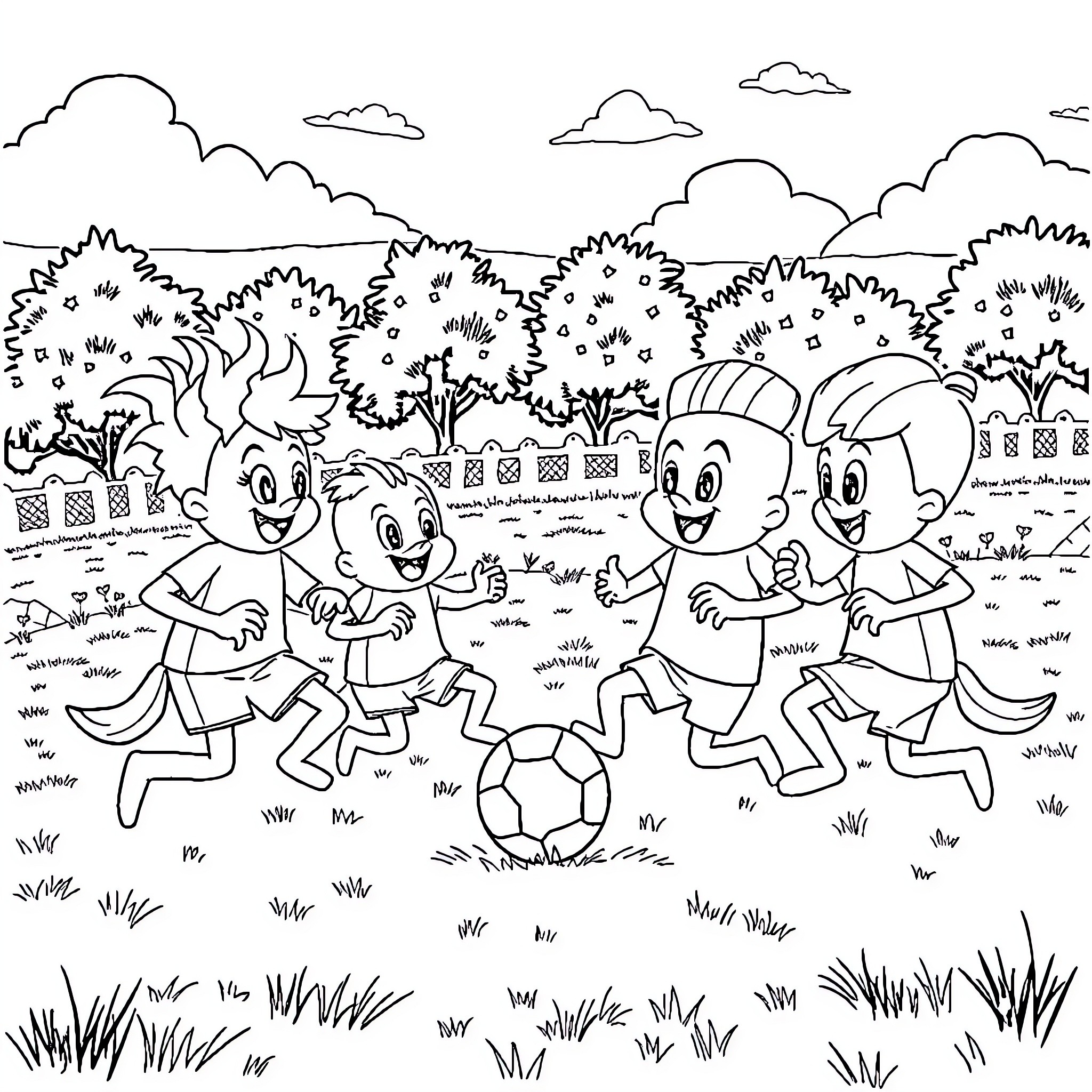 Ajolote playing football with friends in the park Coloring Page (free black-and-white line drawing printable PDF for all, from beginners to advanced learners, including children, teens, adults, and seniors)