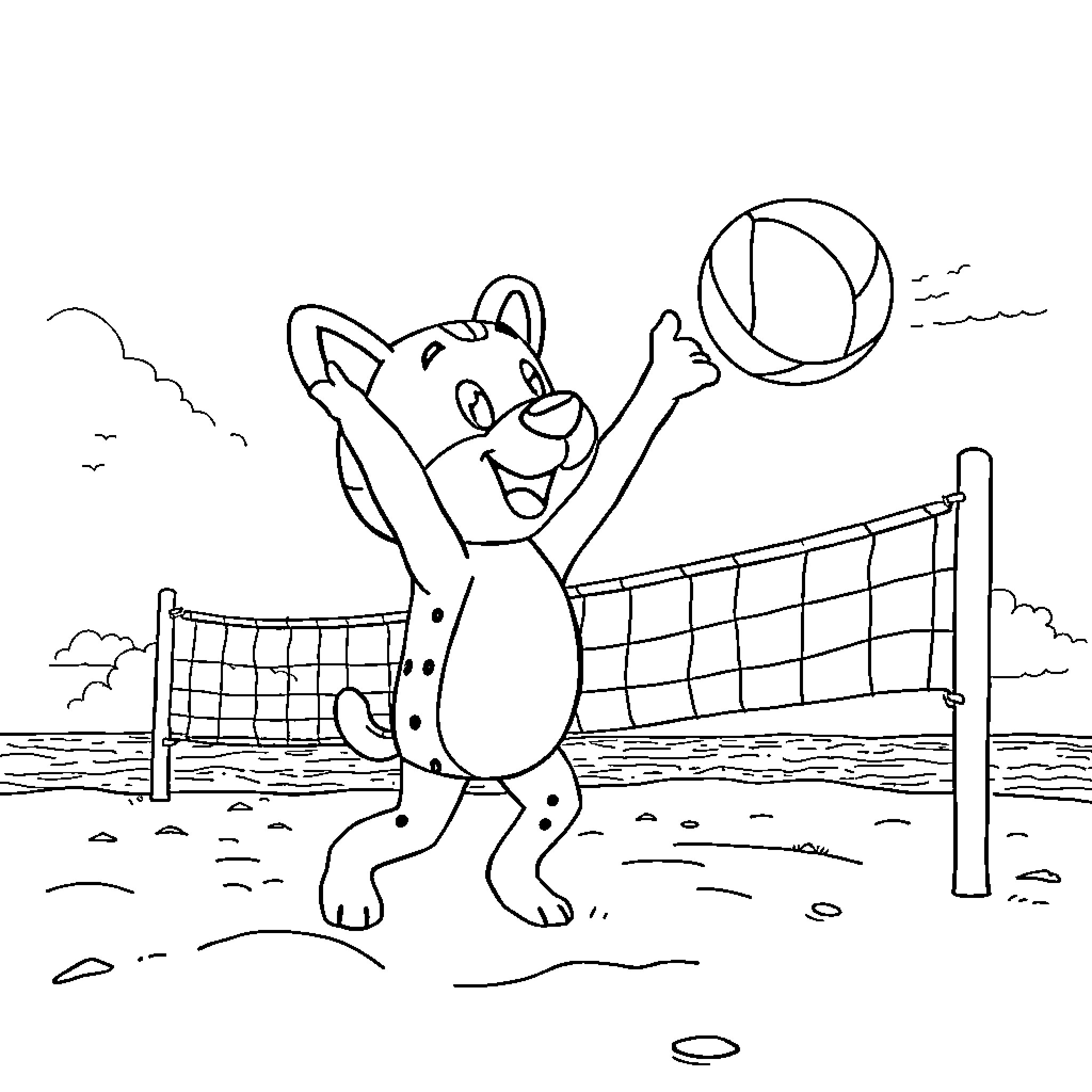 Labubu playing happily with volleyball on the beach Coloring Page (free black-and-white line drawing printable PDF for all, from beginners to advanced learners, including children, teens, adults, and seniors)