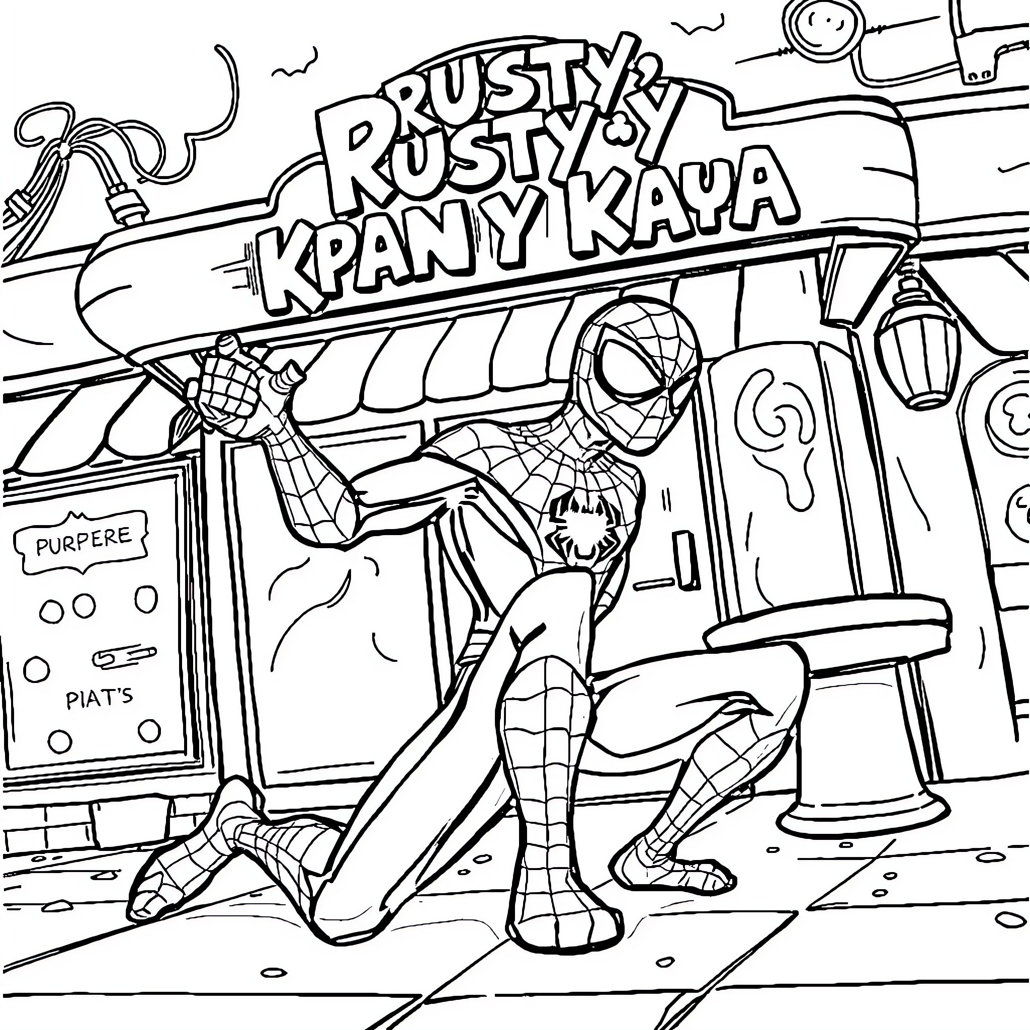 Spiderman swinging through a vibrant urban scene Coloring Page (free black-and-white line drawing printable PDF for all, from beginners to advanced learners, including children, teens, adults, and seniors)