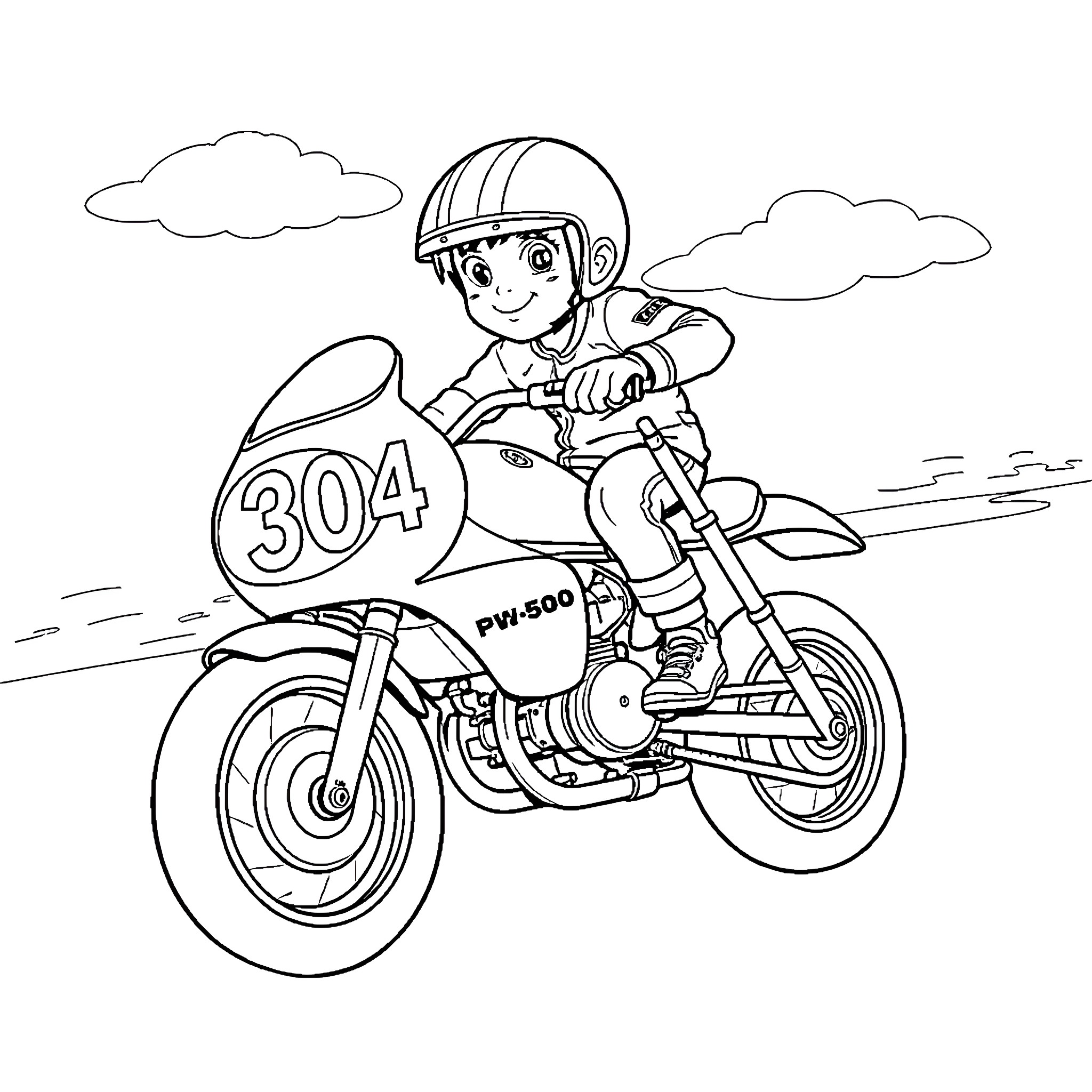 Kid racing happily on motorcycle Coloring Page (free black-and-white line drawing printable PDF for all, from beginners to advanced learners, including children, teens, adults, and seniors)