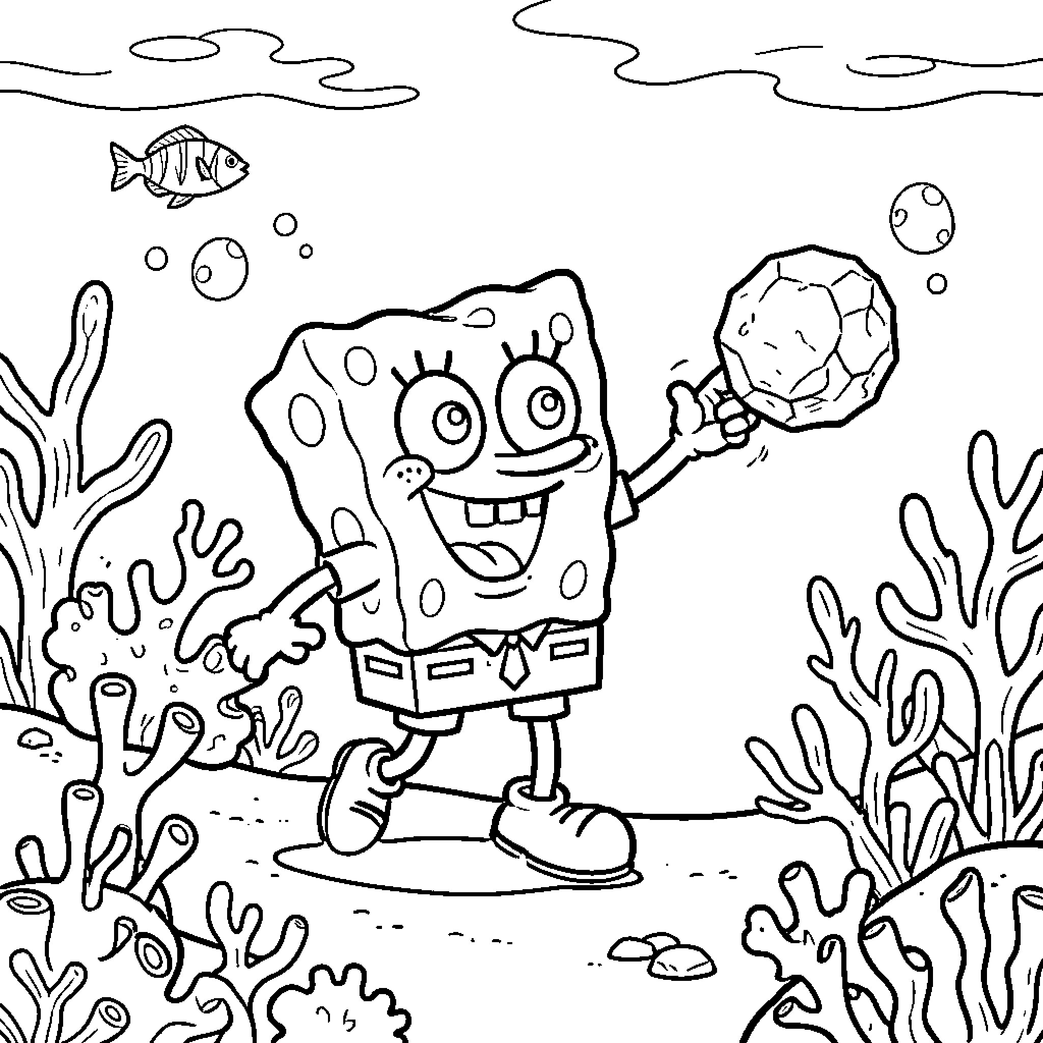 Bob esponja holding a jellyfish in the underwater world Coloring Page (free black-and-white line drawing printable PDF for all, from beginners to advanced learners, including children, teens, adults, and seniors)
