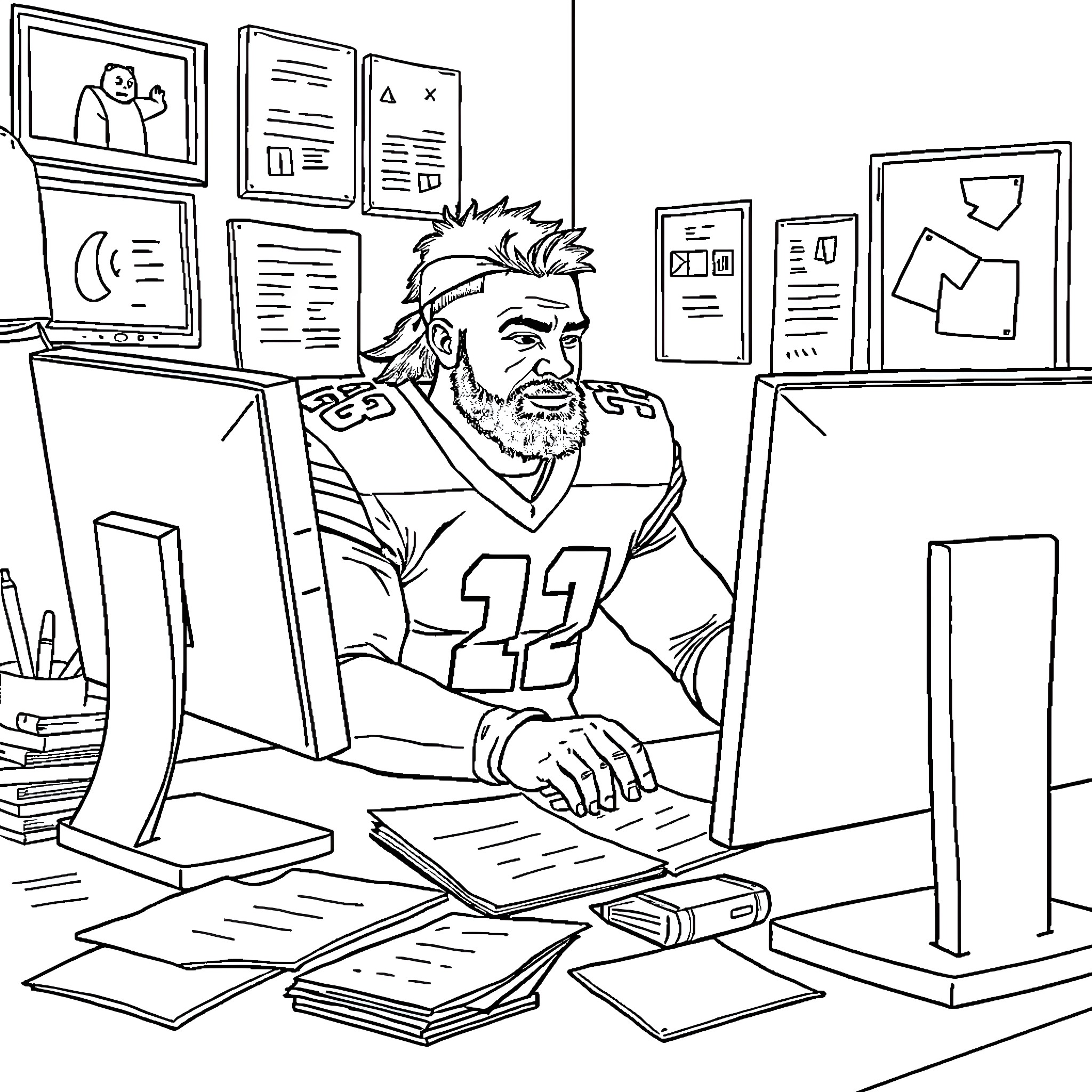Marshawn Lynch working diligently in his office Coloring Page (free black-and-white line drawing printable PDF for all, from beginners to advanced learners, including children, teens, adults, and seniors)