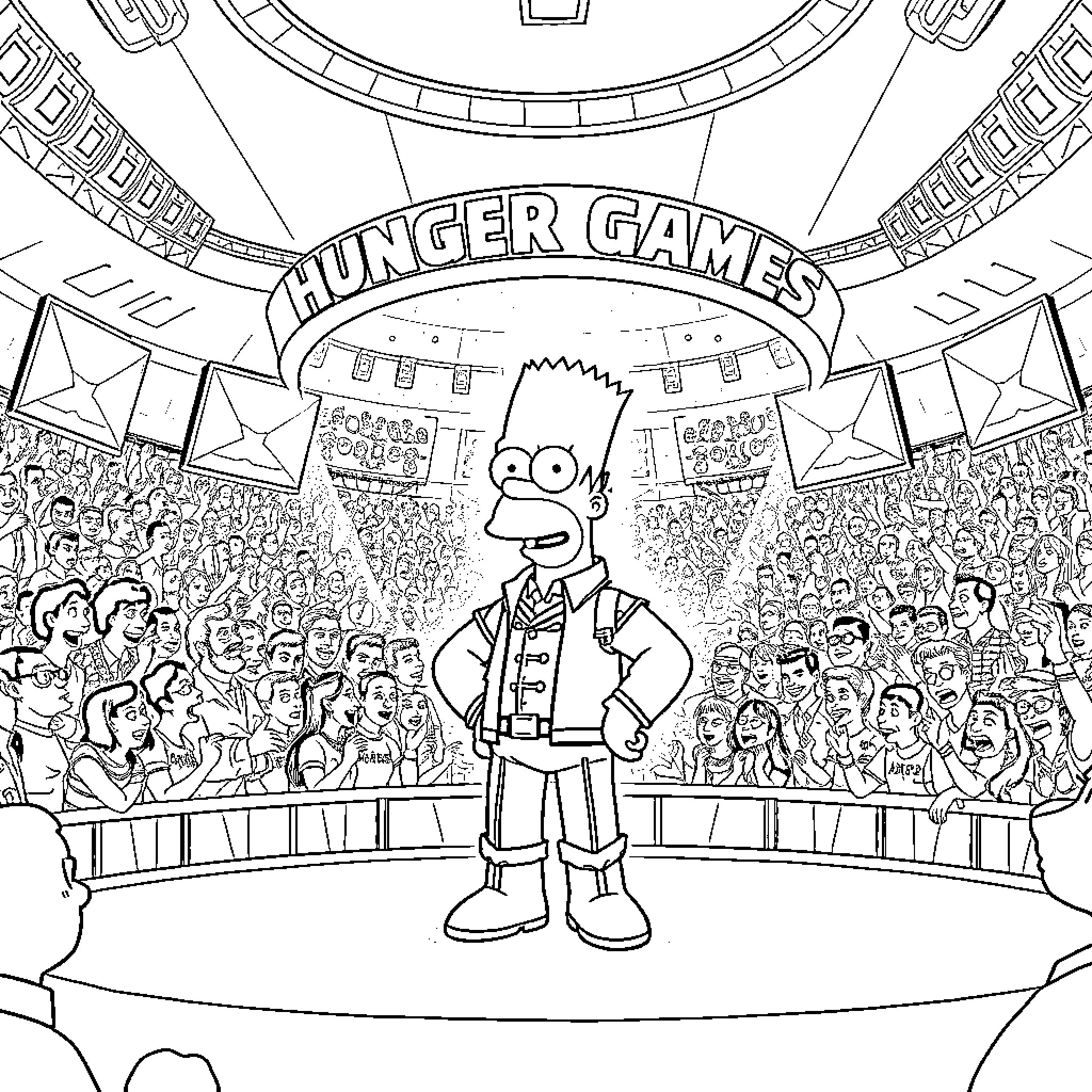 Homer Simpson enters the Hunger Games arena Coloring Page (free black-and-white line drawing printable PDF for all, from beginners to advanced learners, including children, teens, adults, and seniors)