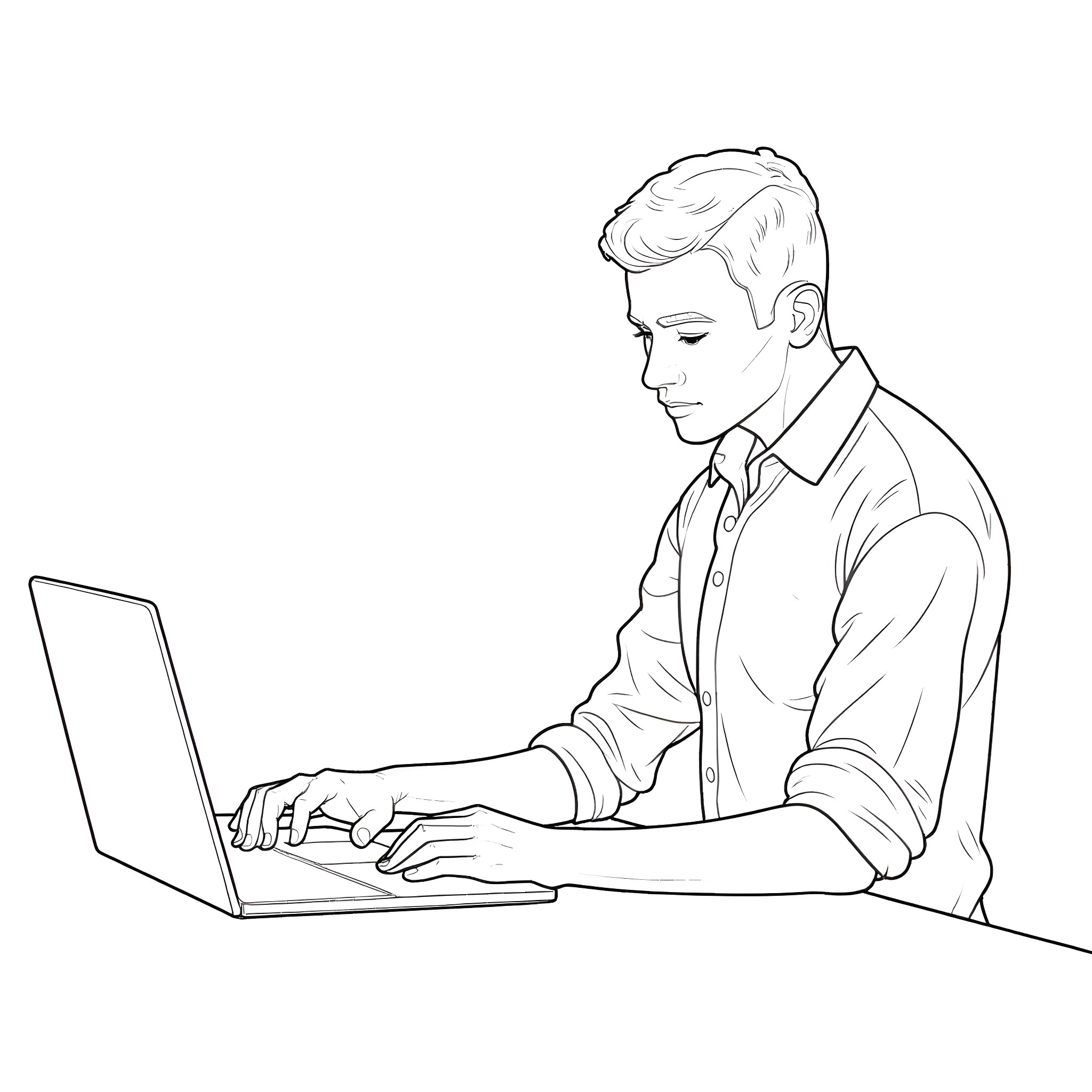 Computer user working diligently on laptop Coloring Page (free black-and-white line drawing printable PDF for all, from beginners to advanced learners, including children, teens, adults, and seniors)