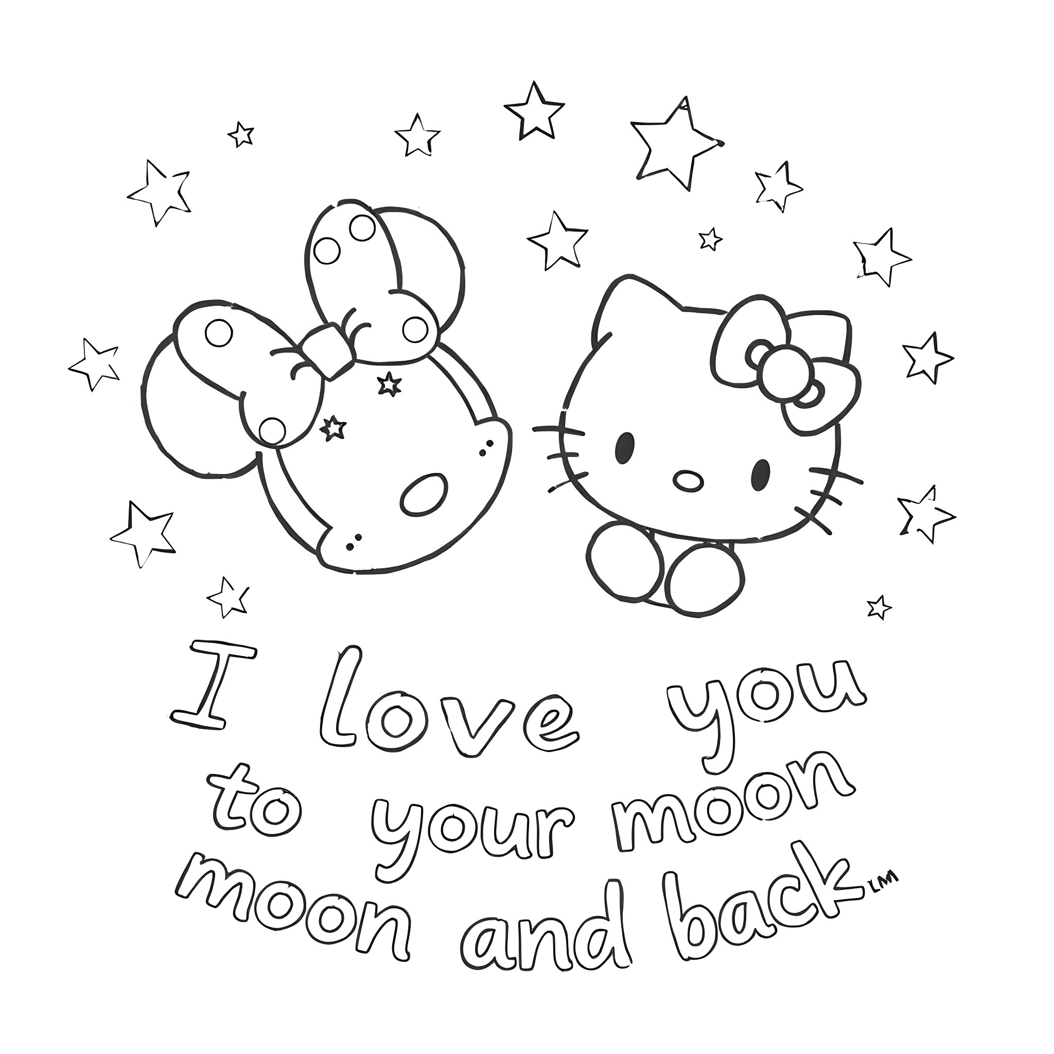Bow-tiful love between Hello Kitty and Sanrio mouse Coloring Page (free black-and-white line drawing printable PDF for all, from beginners to advanced learners, including children, teens, adults, and seniors)