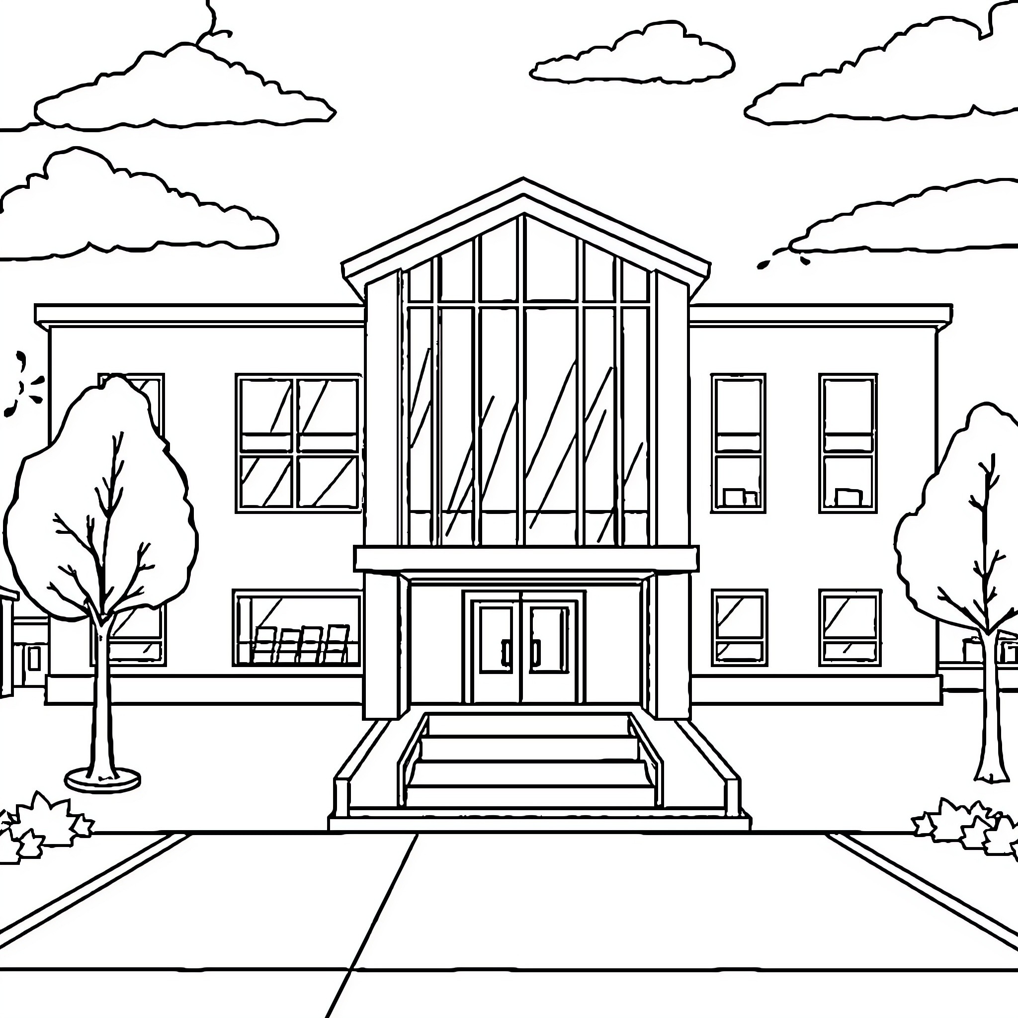 School building with trees and clouds Coloring Page (free black-and-white line drawing printable PDF for all, from beginners to advanced learners, including children, teens, adults, and seniors)