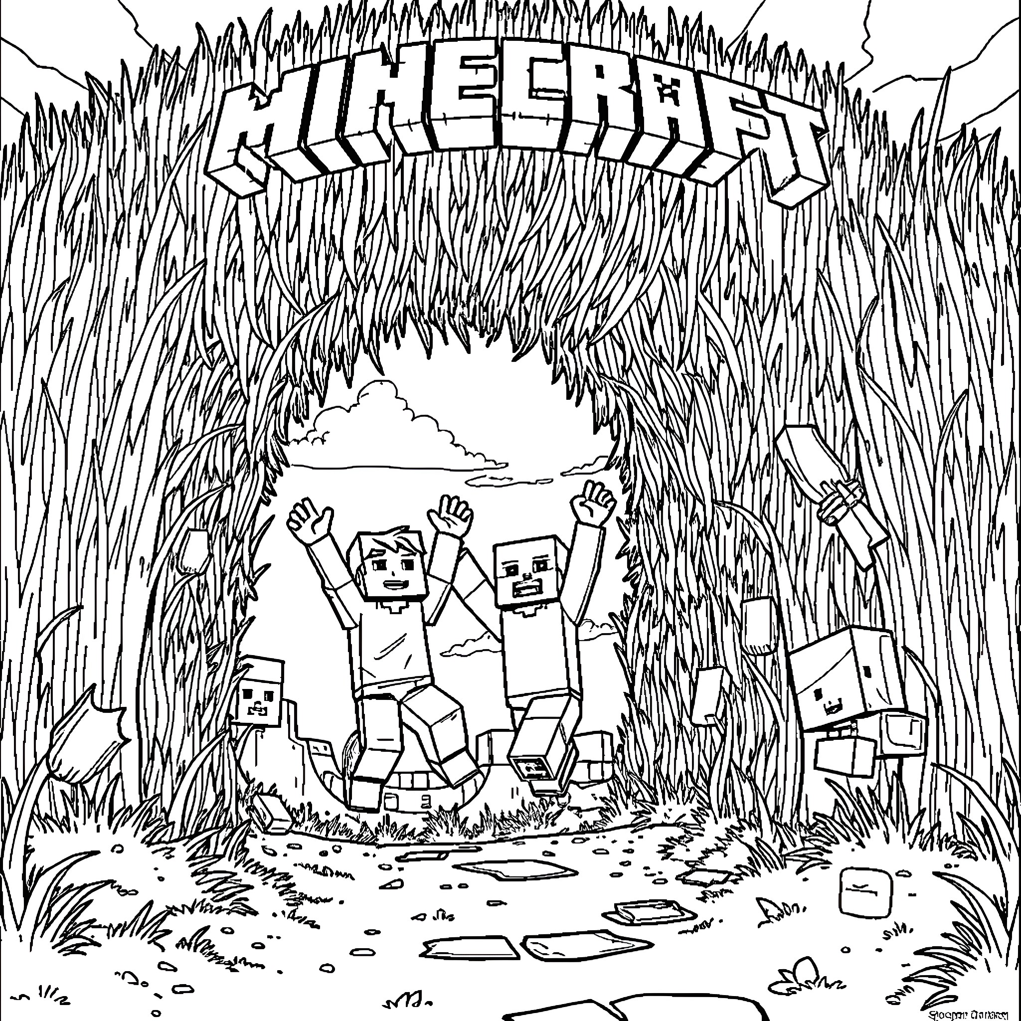 Minecraft People Playing Joyfully in the Grass Coloring Page (free black-and-white line drawing printable PDF for all, from beginners to advanced learners, including children, teens, adults, and seniors)