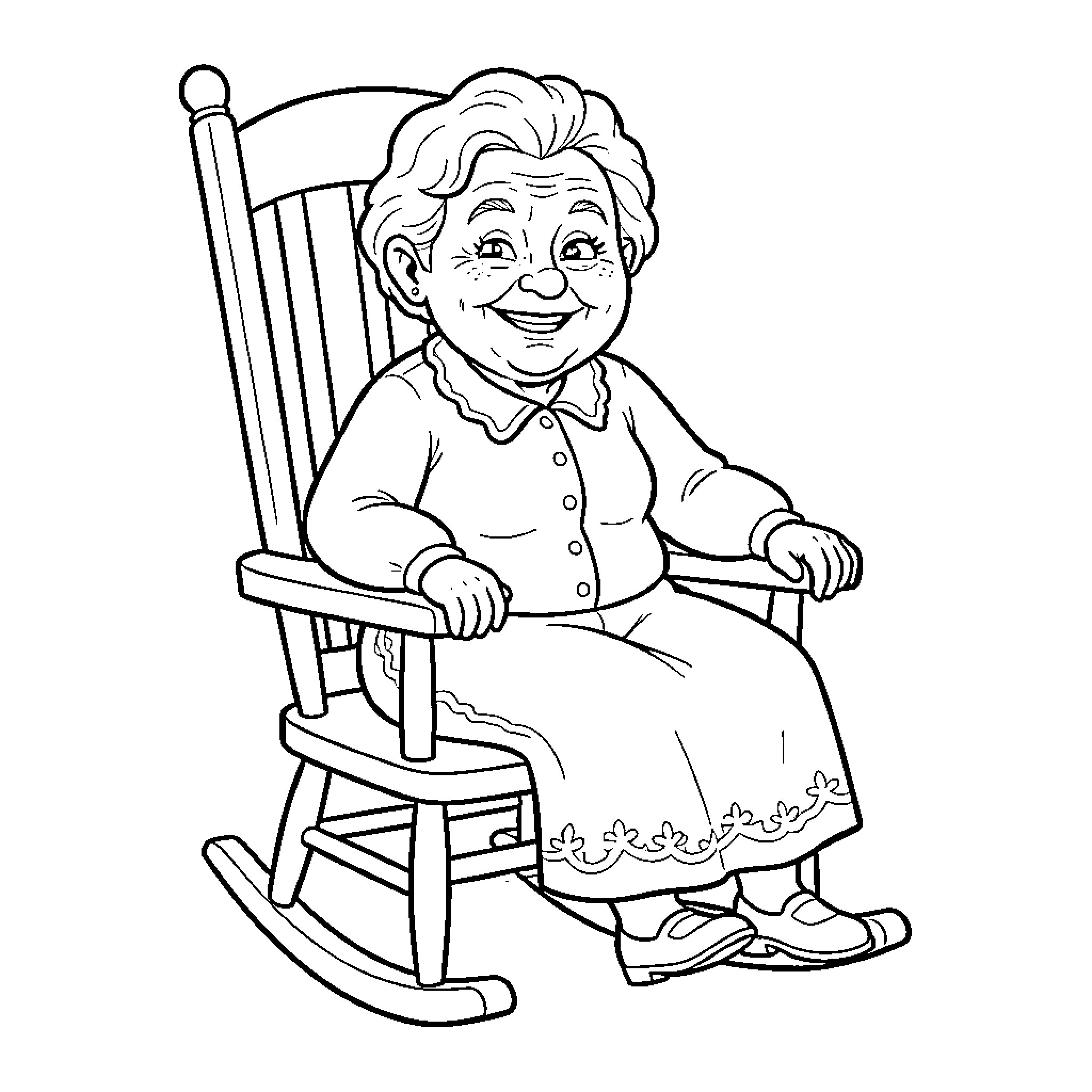 Granny smiling while sitting in a rocking chair Coloring Page (free black-and-white line drawing printable PDF for all, from beginners to advanced learners, including children, teens, adults, and seniors)